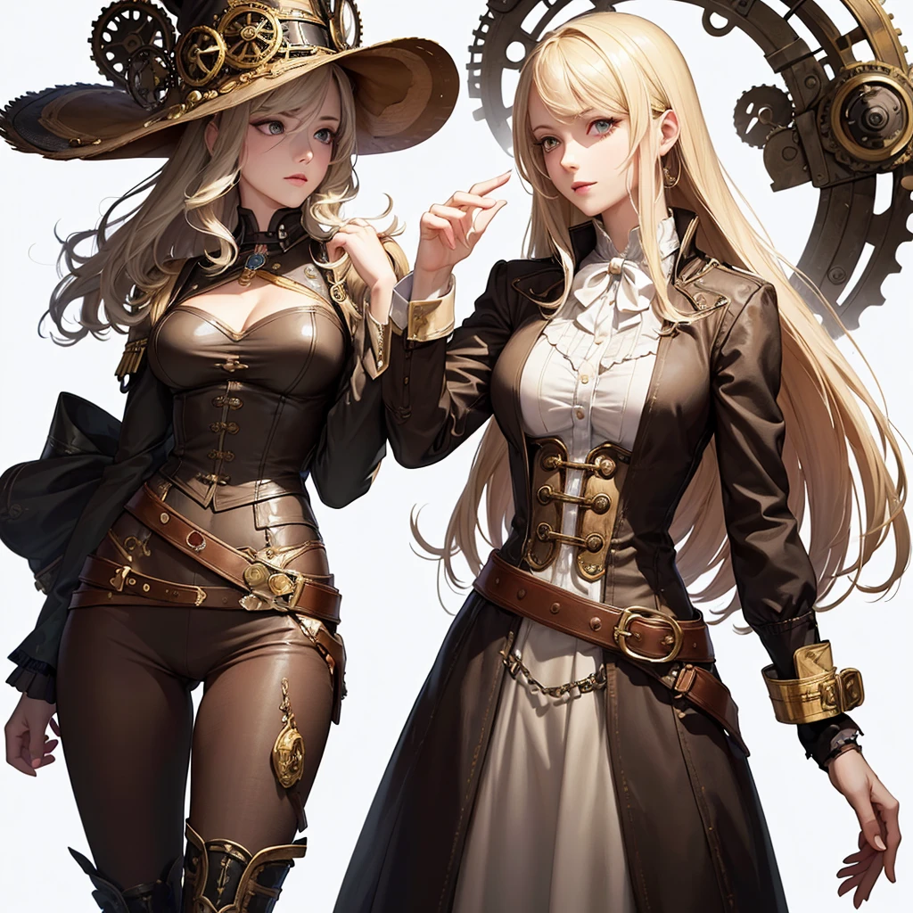 ((masterpiece)), (((Best quality))), illustration, (character design, same character, front view), mature woman, bright skin, eyes of different colors, blonde hair, long hair, steampunk clothing, mismatched clothes, belt, (White background: 1.3) ,--6