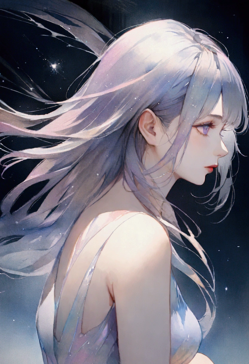 An anime realistic illustration of a beautiful woman with transparent hair and delicate pupils, sitting in a captivating pose with a body blurred by a gradient, rendered in 16k ultra-detail with a fusion of watercolor and oil painting effects, featuring iridescent gemstone powder dust and dynamic wind effects, all presented in a contemporary art style.