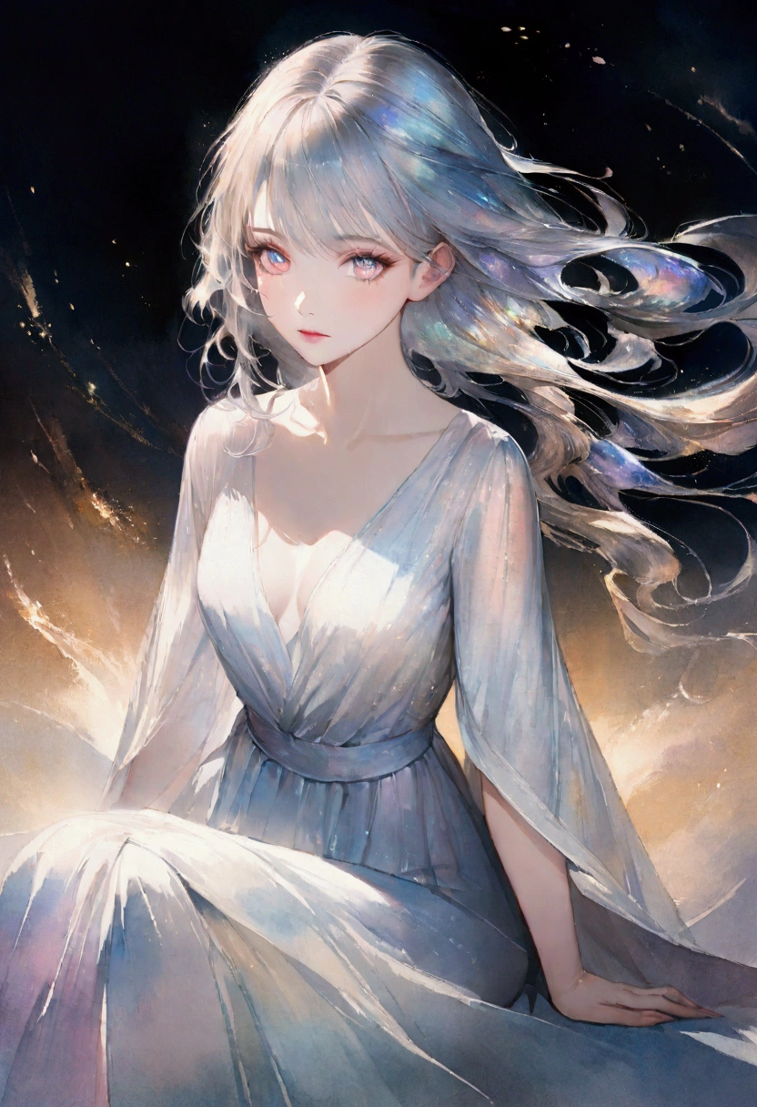 An anime realistic illustration of a beautiful woman with transparent hair and delicate pupils, sitting in a captivating pose with a body blurred by a gradient, rendered in 16k ultra-detail with a fusion of watercolor and oil painting effects, featuring iridescent gemstone powder dust and dynamic wind effects, all presented in a contemporary art style.