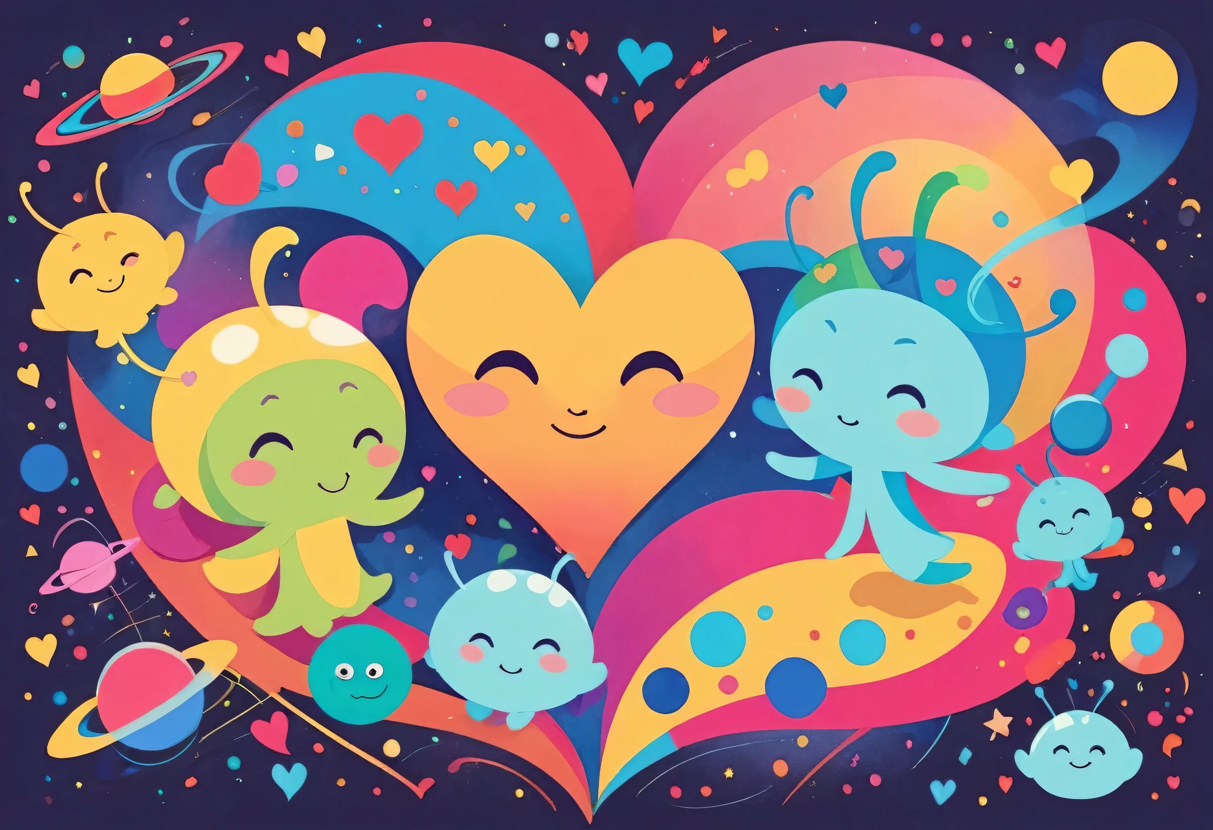 Vasily Kandinsky colorfull style, Simple Line Initialism，Abstract art, colorful hearts, funny design, (((bosom buddy ))), (((Cute Aliens))), The background is space