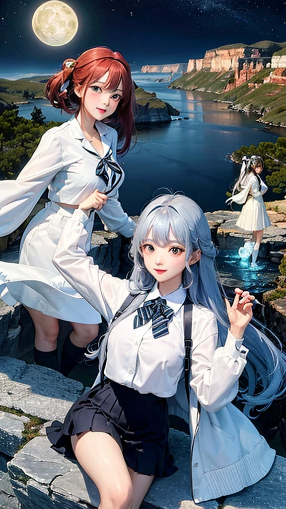 ((Highest quality)), 3 sisters,Plateau at night,fluffy,skirt,dress,cardigan,Two Piece,Silver-gray hair,Indigo tips,Emerald Eyes,Earth Colors,anime,comics,smile,fine,Vibrant,Glass Feather,Iridescent feathers,Two Moons,mysterious,Soft Moonlight,Fairy,Ultra HD,Grand Canyon