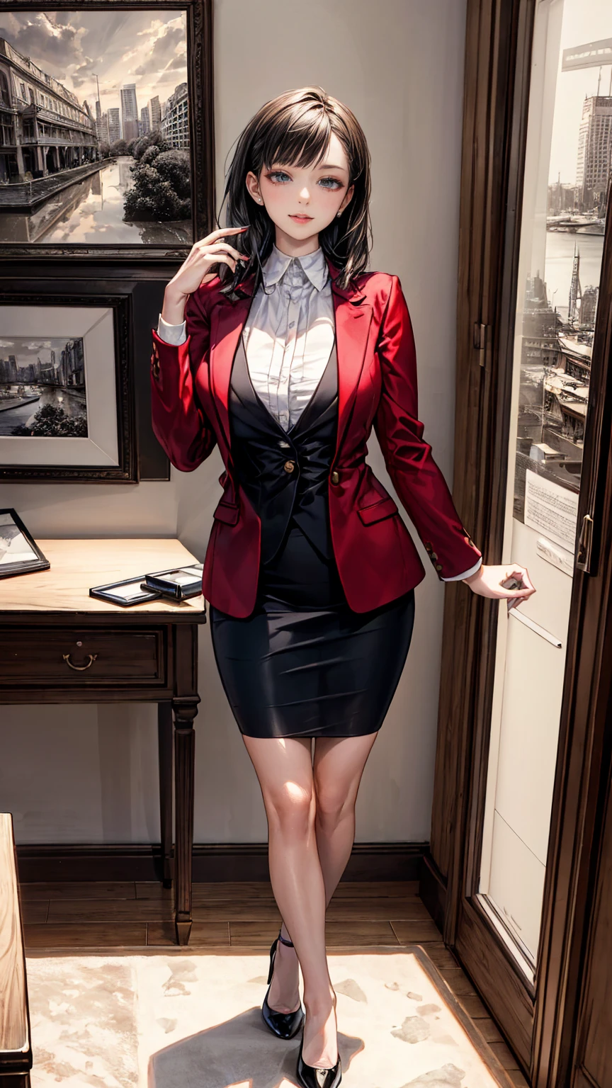 (best quality,4k,8k,highres,masterpiece:1.2),ultra-detailed,(realistic,photorealistic,photo-realistic:1.37),female CEO,red velvet blazer,short fit black pencil skirt,confident gaze,seductive smile,luxurious office,modern interior design,elegant hairstyle,well-manicured nails,high heels,immaculate makeup,expensive accessories,dominant posture,natural sunlight,city skyline view,powerful aura,vibrant red colors,sleek architecture,sharp focus on details,professional ambiance,successful businesswoman,sophisticated elegance,commanding presence,crafted wooden desk,leather chair,impressive artwork hanging on the wall,impeccable fashion sense,meticulously arranged files,steel and glass structure,reflection on glossy surfaces,gleaming silver accents,subtle shadow play,graceful movements,confidently walking,aura of mystery,empowered woman,limitless potential,breathtaking confidence,inspiring success,worldly achievement,unyielding determination,luxury lifestyle,entrepreneurial spirit,extraordinary vision