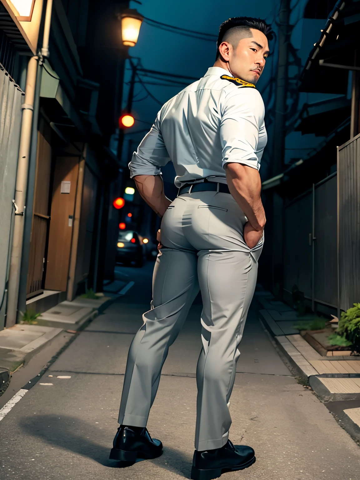 40-year-old boy Japanese muscular male in white police uniform., wearing light grey slack formal pants...........gooning seductive expression.................... dripping on body and pants...................., arching back............... looking back to the camera. [[ big unrealistic butt,]] hairy legs.................. muscular thigh......................close up on butt........low angle camera.......... muscular thigh........... night dark alley