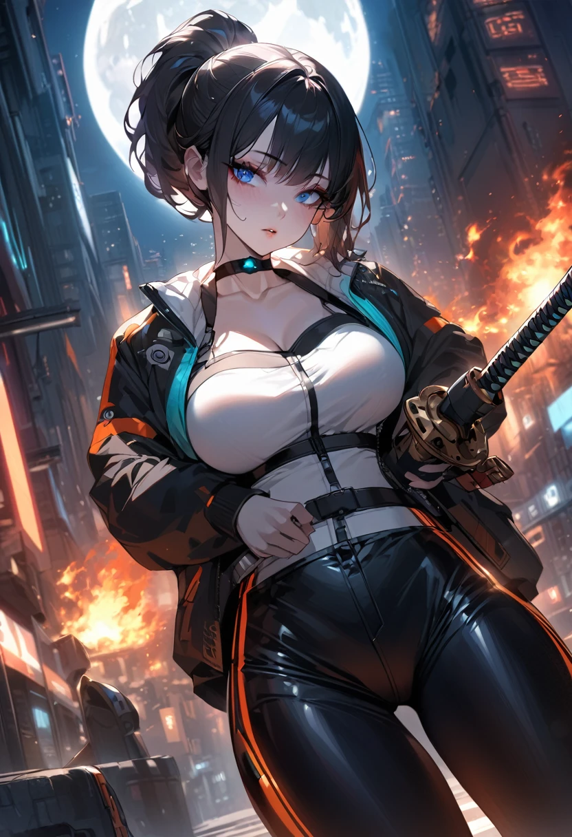 (Masterpiece, best quality, 8ก, Sharp focus, depth of field, shadowที่ดีที่สุด, perfect fire, HDR, Realistic skin texture, Too detailed background), anime style, Long angle shot, ((cyberpunk theme)), alone, 1 woman, She is a mercenary., (blue eyes, white skin, Black hair with a ponytail, choker, big breasts, thin, put on makeup, eyeliner, shadow), She is working on the future city of Korea., Holding a Katana, nighttime, sky, waning moon, Wear a tech jacket and nice leather pants..