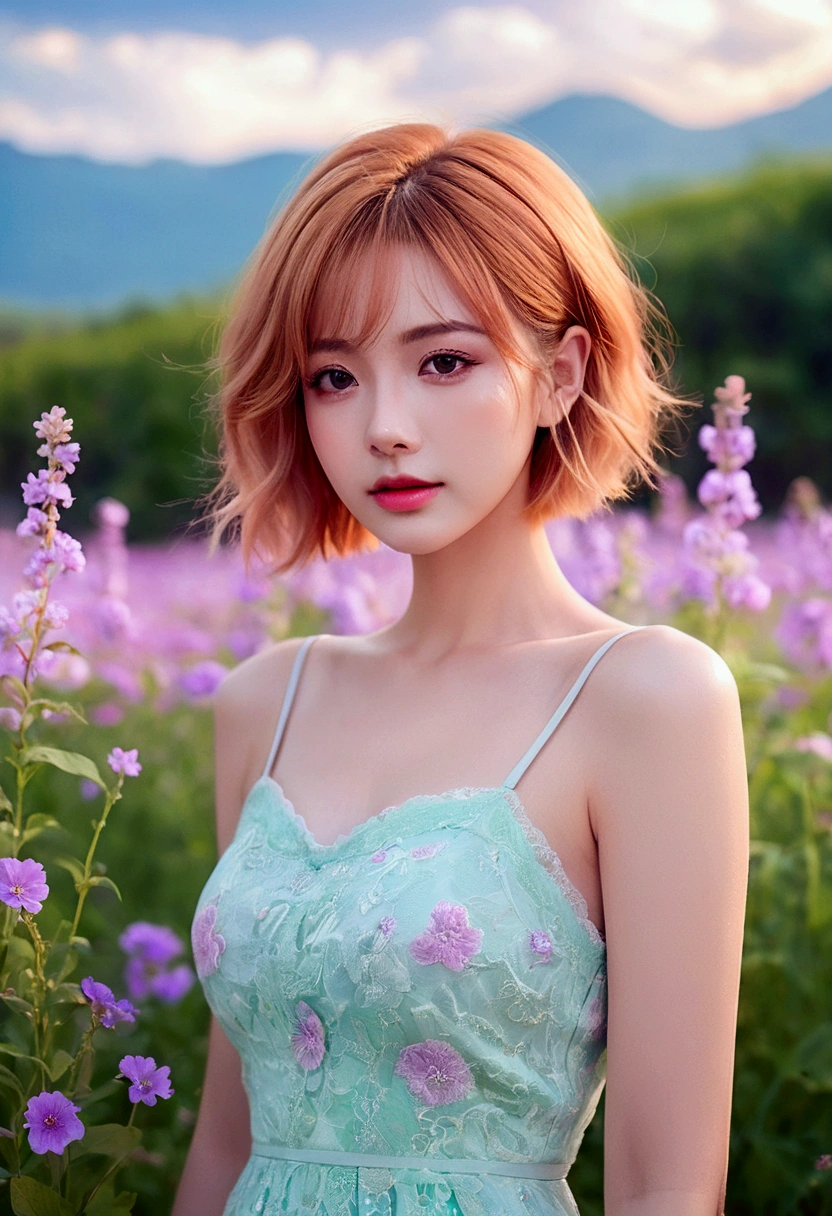 Beautiful woman standing in a flower field wearing a short dress_Fine details of delicate features, orange blonde short hair_Delicate explanation, Colorful and rich fantasy clothing, bright and soft colors, chassis, Colorful pastels, cute colorful lovely, vivid fantasy style, soft and cute colors, Bright pastel colors, Zia, Bright pastel colorss, sakimichan hdri, gradient pastel green, Vibrant pastel colors, blue sky, white cumulus clouds, 