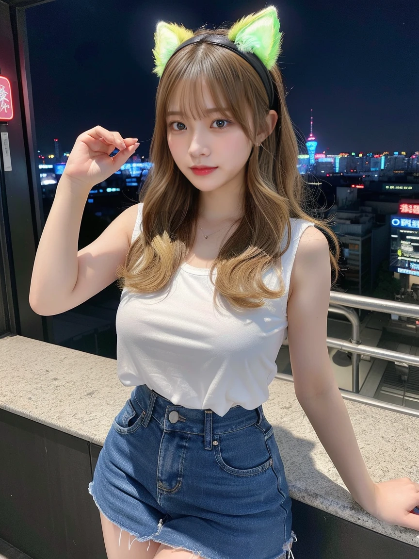 最high quality, masterpiece, 32K、Very detailed、Realistic、Four Girls, Japanese women、Cute Face, (photo Actual:1.3),Medium Hair(Blonde Hair Color、Great brown hairstyles)、Edge lighting, (Skin with attention to detail:1.2), 8k超High resolution, Single-lens reflex camera, high quality, High resolution, 4K, 8k, Optimal ratio of four fingers to one thumb, (Actual:1.3), cute Four Girls, Realistic、Super Realistic、32K、Very detailed、masterpiece, 最high quality, beautiful girl, beauty、Mecha, Beautiful lighting, (Neon Light:1.2), (night:1.5), K-POPアイドルコスチューム、White and light blue sleeveless outfit、Shorts、Large Breasts(big 、There is a valley)、french flag t-shirt、Light blue and black dancer skirt、fox ears headband、Are standing、Cyber Neon、Future City、Skyscraper、都会のnight、Shanghai、big cities、night景、綺麗なnight景