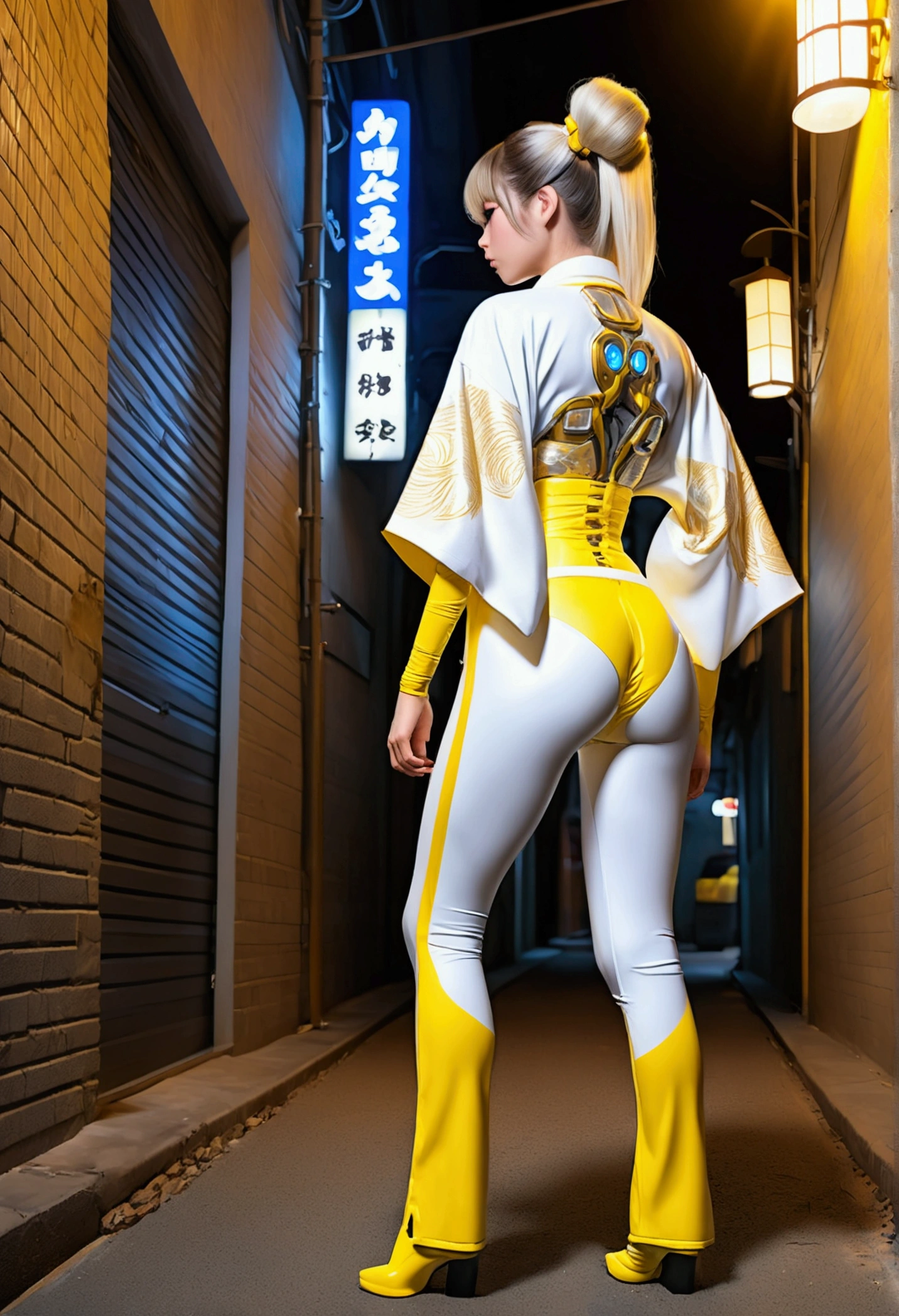 (rear view, backside view),(La Best Quality,A high resolution,Ultra - detailed,actual),Ariana Grande cyborg ciberpunk kimono 、big buttocks、Kneel down, a 12 year old girl with emphasis on the buttocks、Red  body....,cyberpunk mode、pose sexy、(white pants trampling cyborg kimono :1.4), (Wear yellow leggings on the lower body、breast enlargement、Neon lights in the dark city at night....,unreal engine:1.4,HD,La Best Quality:1.4, photorealistic:1.4, skin texture:1.4, masterpiece:1.8,masterpiece, Best Quality,（Beautiful blue eyes:1.4) ,( neon blue cyborg),(Perfect anatomy),white cyborg  bodysuit,,( Perfect anatomy 2.1), (metallic silver kawaii cyborg style :1.4), (background alley walls big stones :1.4), (Alone), (ciborg de batalla white kimono yellow :1.6), (Year 2050), (not mutations), (Perfect anatomy), (cowboy pose), (yellow kimono :1.4), (fingers detailed) 