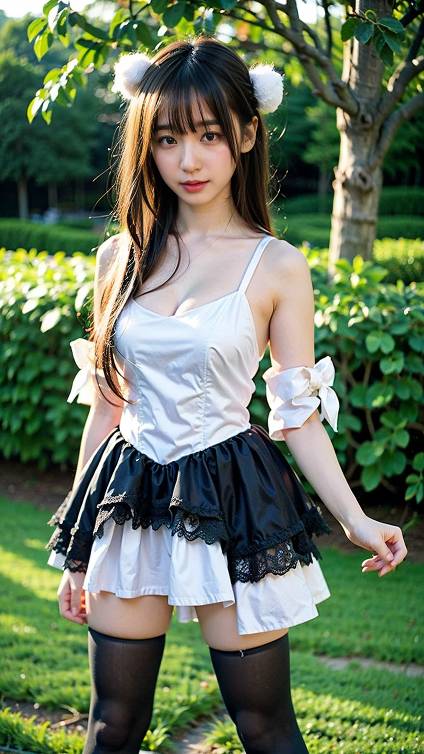 (8k、RAW Photos、Highest quality、masterpiece:1.2)、(Realistic、Realistic)、1 girl、((White Mini Skirt、Black dress、See-through、Frilledium Hair、Pretty Cure Costume、See through、tights、ribbon、boots、Accentuate your breasts、whole body、garden、View from the front、Looking into the camera、Stand with hands on hips))、