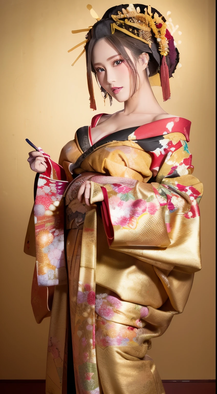 ((masterpiece(:1.4),Highest quality,Ultra-high resolution,Highest quality,8k,Extremely detailed,In detail))。night,Japanese,(A beautiful woman),glossy,slim,Large Breasts(1.6),sexy,glamorous,((Golden Ratio Style,Perfect Style)),Narrow waist,Flashy gal makeup,Japanese garden,Oiran,Prostitute,Sunny day outfit,Uchikake,Gold brocade,((A gorgeous kimono)),A cutting board belt tied in front,Hair tying,hairpin,hair ornaments,Gorgeous costumes,Beautiful standing posture,Presence,Exude sex appeal,looking at the camera,Show off your style,