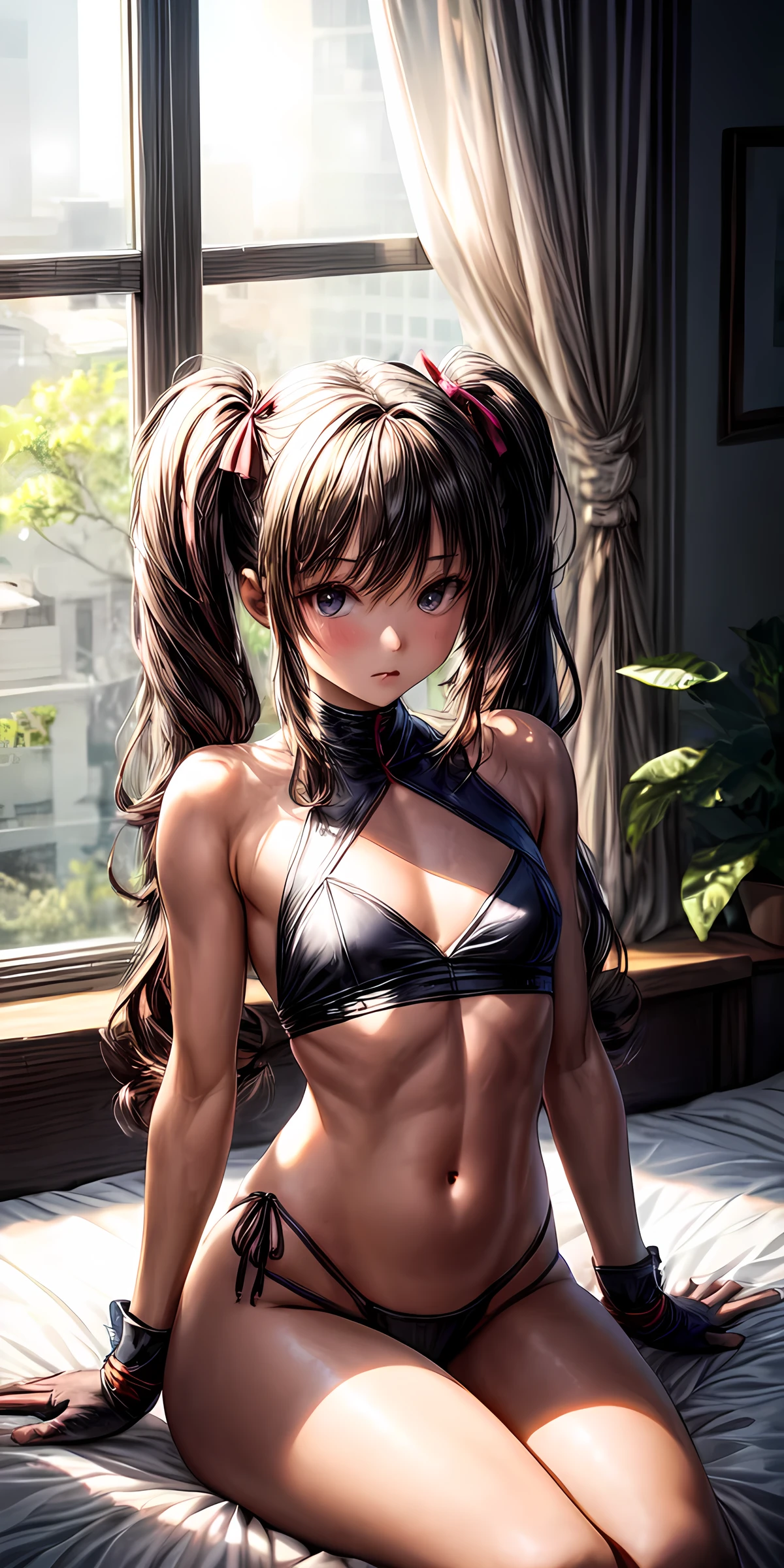 A woman sitting down on a bed. She has black hair styled in twin tails. Her twin tails are wrapped in brown ribbons. She has a slim body with small perky beasts. Window light shining on her