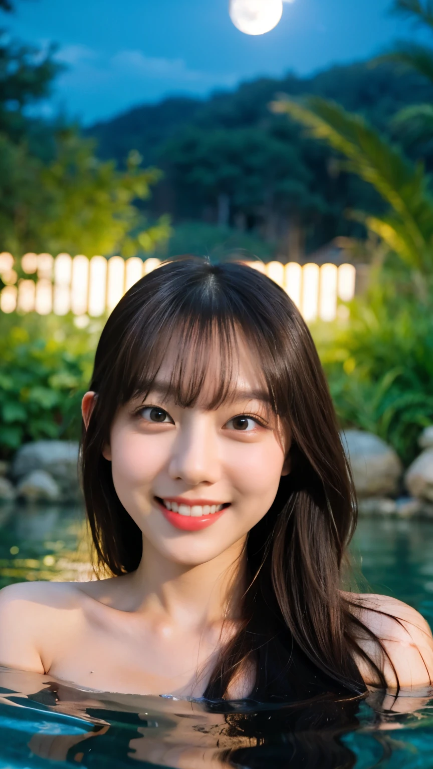 (8k、RAW Photos、Highest quality、masterpiece:1.2)、((night、moonlight:1.5))、((naked、Flat Chest、Make your face bigger:1.3))、(Realistic、Realistic)、1 girl、(smile、bangs、hot spring、relaxing after a hot bath、bamboo forest))、cute