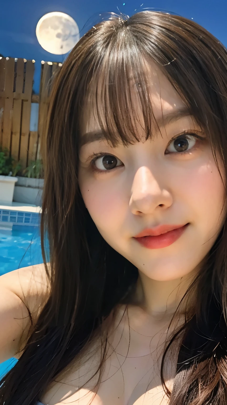 (8k、RAW Photos、Highest quality、masterpiece:1.2)、((night、moonlight:1.5))、((naked、Flat Chest、Make your face bigger:1.3))、(Realistic、Realistic)、1 girl、(smile、bangs、hot spring、relaxing after a hot bath、bamboo forest))、cute