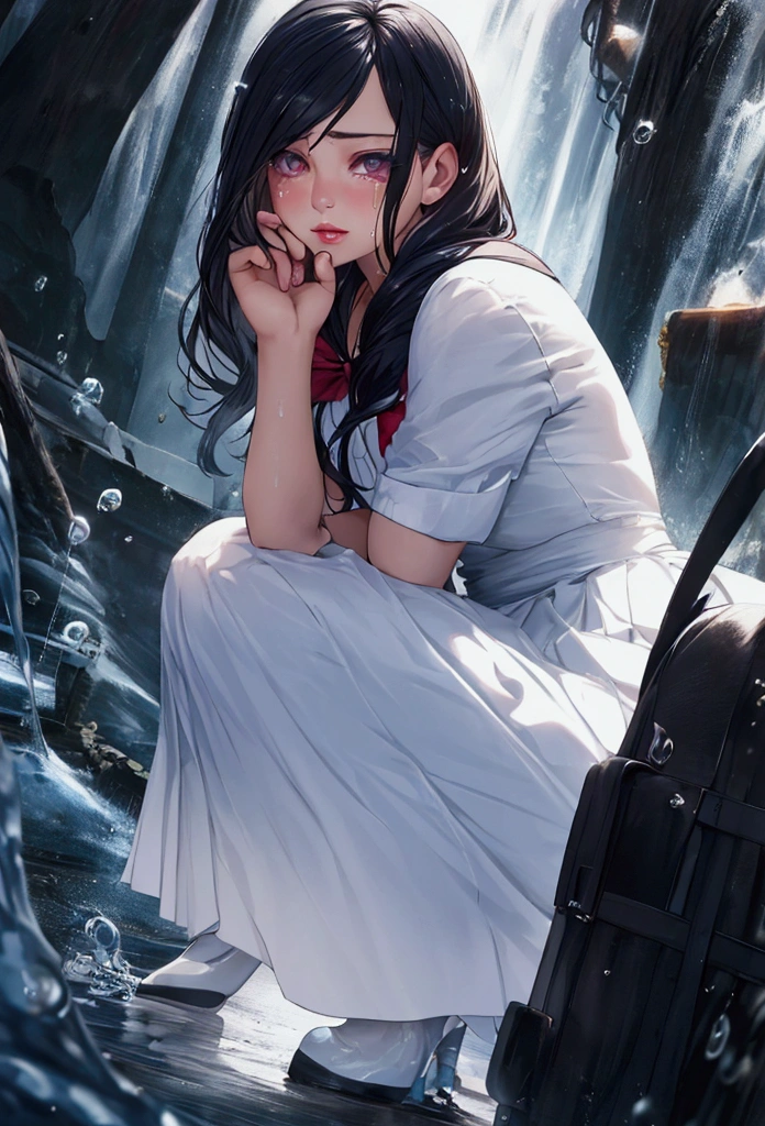 a woman in an anime-style poster, girl, white dress, tears in eyes, water, lovely, seductive expression, medium:digital painting, detailed face, extremely detailed eyes and face, long eyelashes, beautiful detailed lips, realistic, photorealistic, 8k, highres, masterpiece, cinematic lighting, dramatic colors, vibrant colors, soft lighting, cinematic composition, wide angle, shallow depth of field