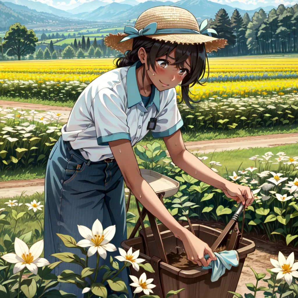 、((Dark Skin))、((Brown skin))、Happiness、Serious、cute、Black Diamond、agriculture、Sweat wipe towel、Work clothes、Sowing、Field work、Wipe sweat from your forehead、Sweat gushes out、Sower、Straw hat