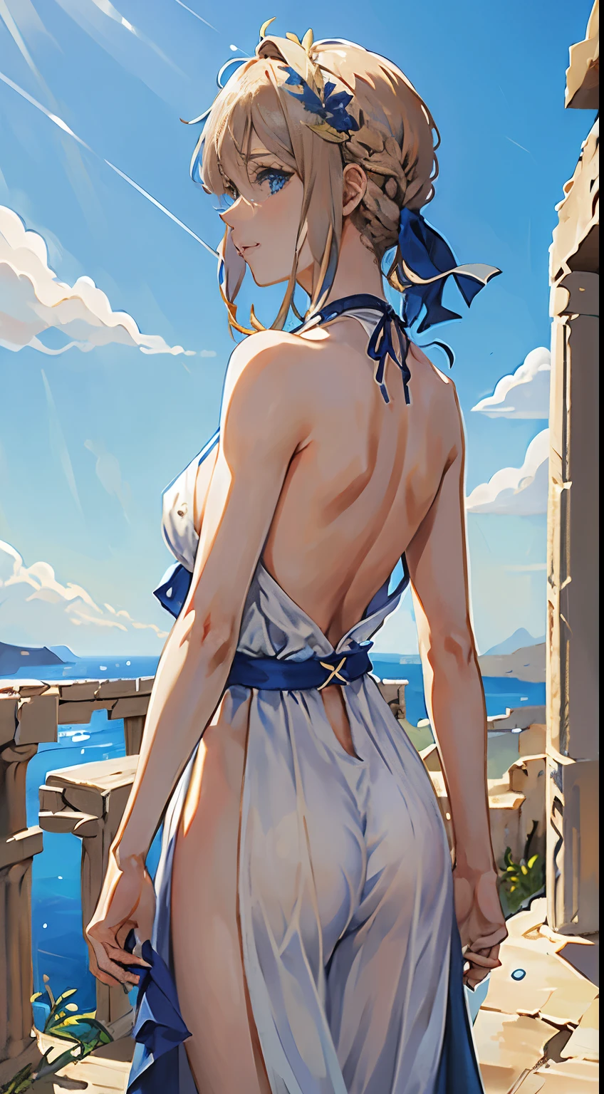 Violet, 1girll, Solo, view the viewer, Blue eyes, Blonde hair, (((Greek clothes))),,((((Bare back)))),(((looking at viewert))),(((Blue sky)))(((Large breasts)))