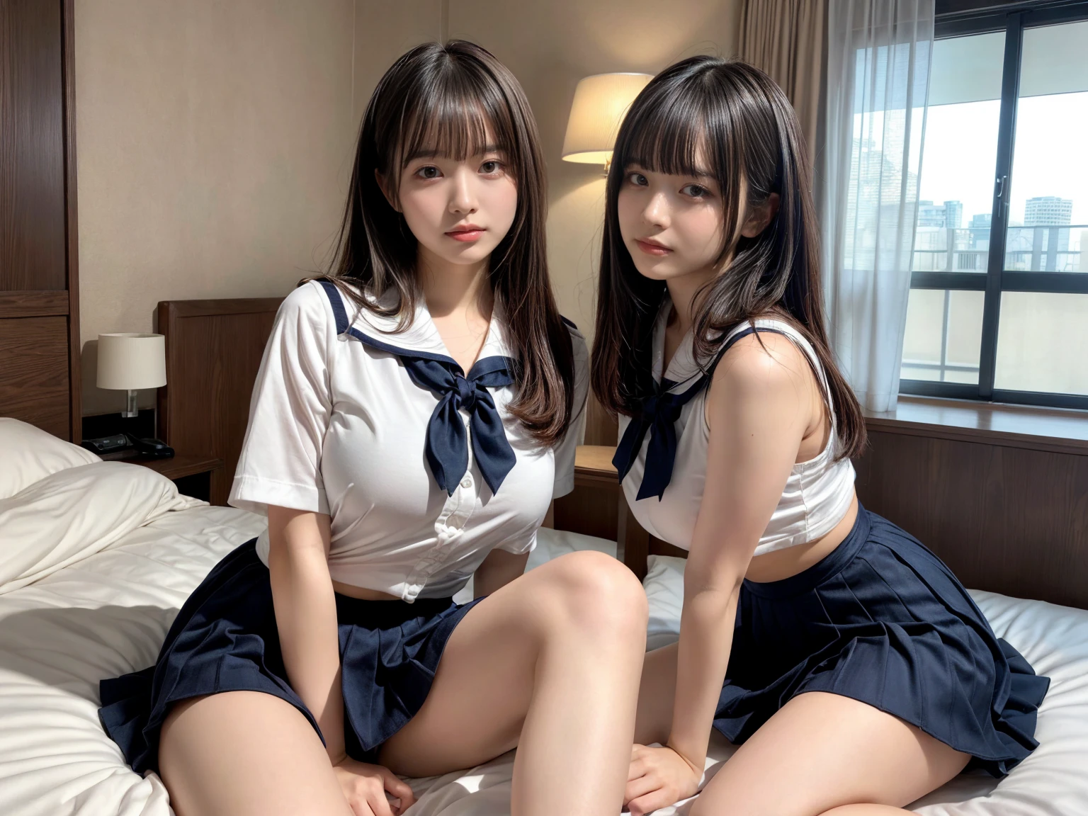 masterpiece, best quality, illustration, Super detailed, fine details, High resolution, 8K,wall paper, perfect dynamic composition,(Details High quality, realistic depiction of eyes:1.3), (3 girls), Black Sailor Uniform, serafuku, Navy pleated skirt, sitting, open legs, short bob hair, in a hotel room in the background, deep on field, large breasts, black hair color, Big Natural Color Lip, (perfect body shape), crying a little、Harajuku style、20 year old girl、cute type、beautiful legs, Gravure Idol