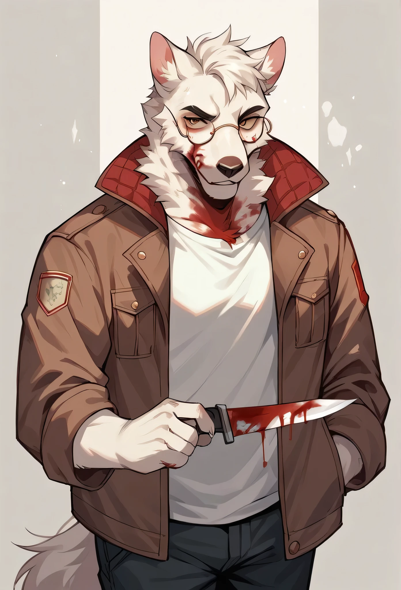 Anthropomorphic ram with white fur, short wavy crest, maduro, with brown jacket with pockets, red round glasses with some red blood on his clothes, holding a knife on some steps