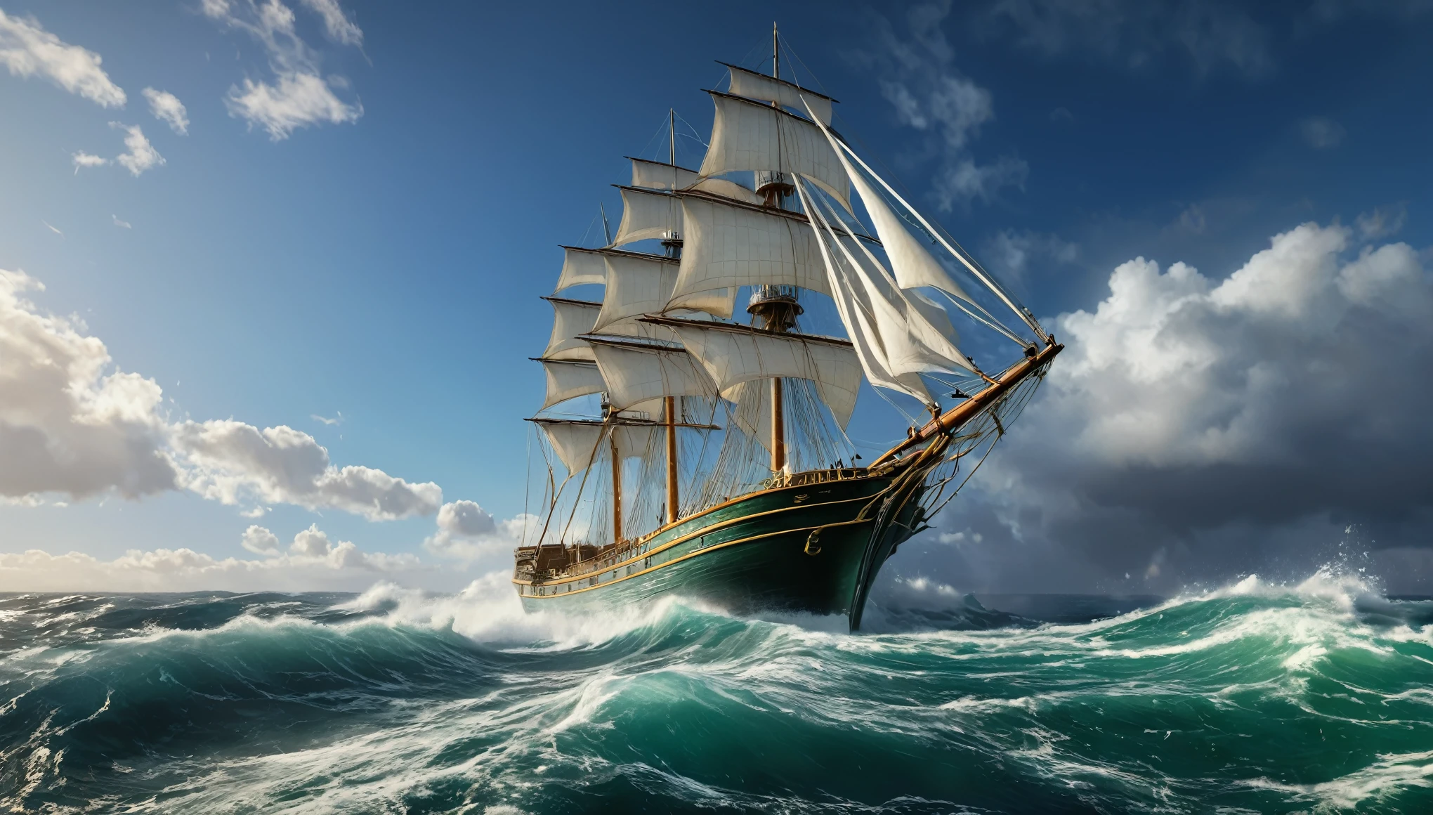 Best quality, masterpiece, ultra high res, (photorealistic:1.4), in the center, A schooner is Sailing on the Mediterranean Sea, out from the north African Coast, it is stormy with sea spray and blue waves, A light house in the distance,all sails full, ship is leaning over,Ocean green and gold Color, Long Shot, Rendered with Unreal Engine 5, Realistic, detailed, super high quality, sunset Sky, not human, No living creatures, There is no Earth, No rocks, Pacific,Giant Wave, Gust of wind,