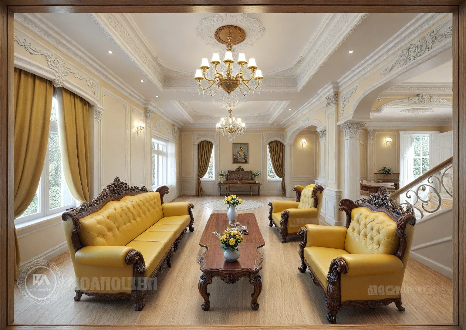 RAW photo, masterpiece, a view of a living room with a couch, chairs, and a chandelier, highly detailed interior, neo - classical style, neoclassical style, neoclassicism style, interior architect architectural visualization, neoclassical style, in style of classicism, white light sun, rendered in vray, rendered in v-ray, rendered in unreal engine 3d, (photorealistic:1.2), (photorealistic:1.5), best quality, ultra high res, architechture, (leather sofa detail:1.5), neoclassic house, (detailed railing neoclassic:1.5), luxury neoclassical villa, (mable floor details:1.5), (detailed neoclassical carpet:1.5), in the style of neoclassical scene, glass windows, best quality, (Intricate lines:1.5), ((Photorealism:1.5)),(((hyper detail:1.5))), archdaily, award winning design, (dynamic light:1.3), (day light:1.2), (perfect light:1.3), (shimering light :1.4), refection glass windows, (curved line architecture arch:1.2), photorealistic, FKAA, TXAA, RTX, SSAO, Post Processing, Post-Production, CGI, VFX, SFX, Full color,((Unreal Engine 5)), Canon EOS R5 Camera + Lens RF 45MP full-frame CMOS sensor, HDR, Realistic, Cinematic intricate detail, extreme detail, science, hyper-detail, FKAA, super detail, super realistic, crazy detail, intricate detail, nice color grading, reflected light on glass, eye-catching wall lights, unreal engine 5, octane render, cinematic, trending on artstation, High-fidelity, Viwvid, Crisp, Sharp, Bright, Stunning, ((Lifelike)), Natural, ((Eye-catching)), Illuminating, Flawless, High-quality,Sharp edge rendering, medium soft lighting, photographic render, detailed archviz, ((( Pachyloba, Doussie, Afzelia wooden : 1.7 ))), ((( yellow organge Tone : 1.3 )))