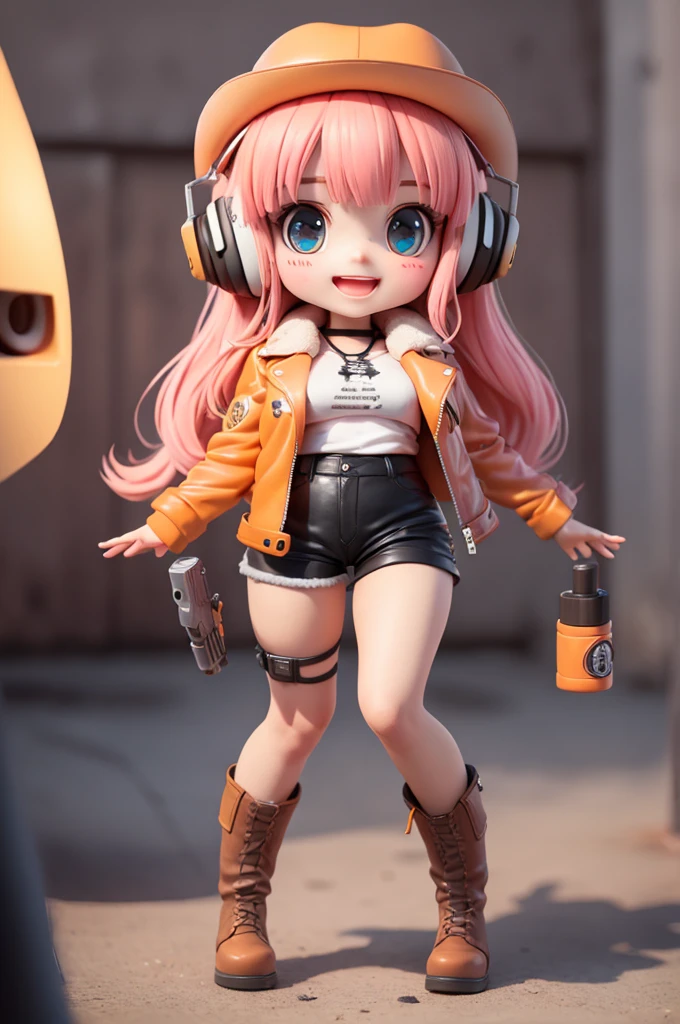 (masterpiece), (extreme), (Very detailed),(Body:1.9),1 girl, Sunlight, charming, orange, (Big Head:1.8), toy doll, Cat ears，Big orange headphones，Strap around the waist(((Hands holding laser gun)))，Smile, open mouth, whole body，in office, Fashion, (((Cowboy hat，leather jacket, leather shorts，Boots))), blush, shirt, Long hair, Pink Hair, orange headdress, Fuzzy, Bangs, (Beautiful and delicate face), (Beautiful and delicate eyes),