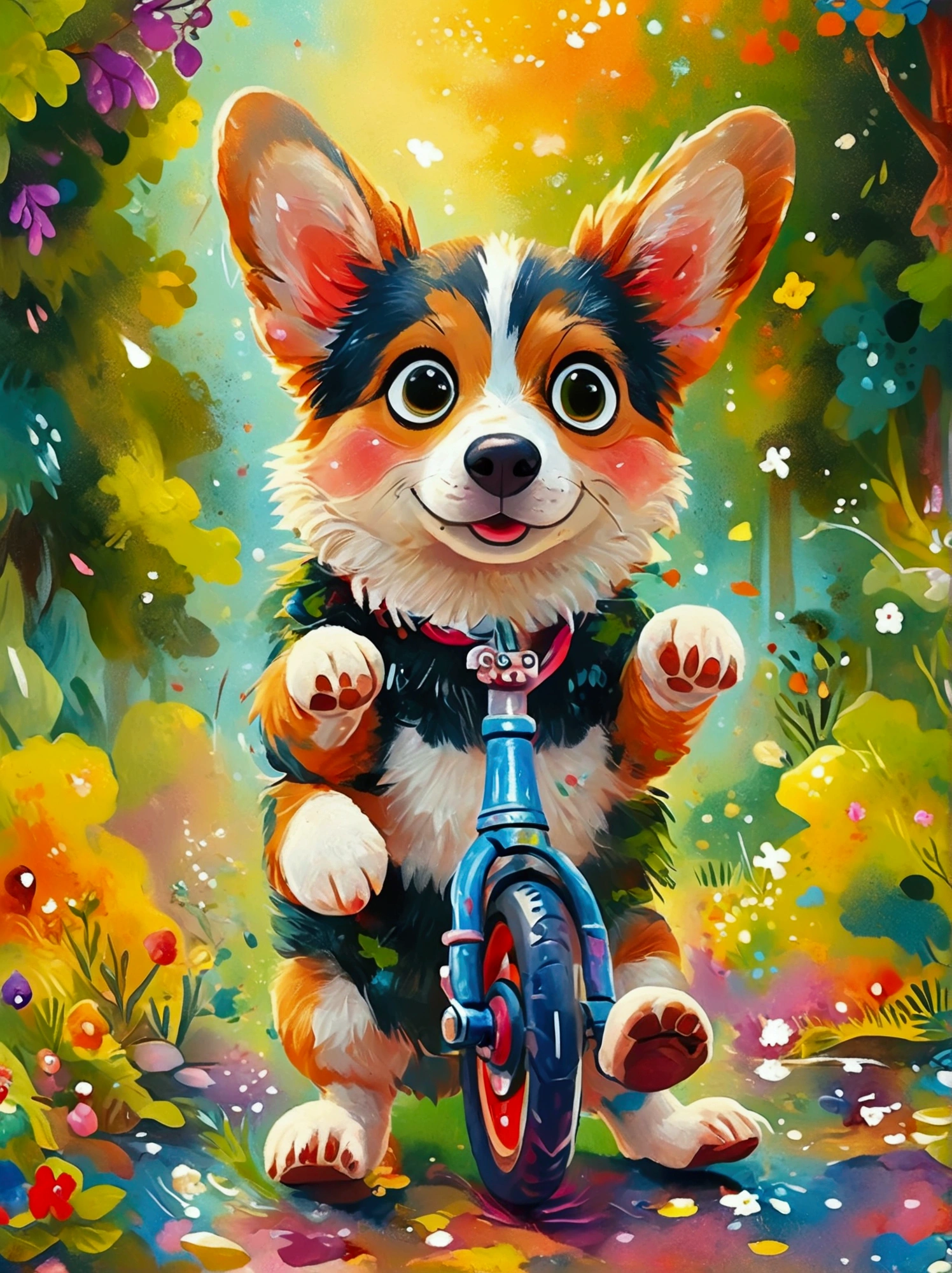 (((Acrylic painting,Hand drawn in pencil,Children's Picture Book,8k,Bright colors,Bright,Ultra high saturation,RGB color))),Imagine a cute little corgi,The front paws rest lightly on the small pedals of the bicycle,Curiosity and expectation flash in the eyes,Although the size of the little Corgi is not suitable for riding a bicycle,But this does not prevent it from imitating human movements,Try turning the pedals,Every time its little feet gently sway,It makes people laugh,maybe,This is just a puppy's fantasy game,Puppy learning to ride a bike,Not only a fun show,It is also an exploration of the infinite possibilities of life.