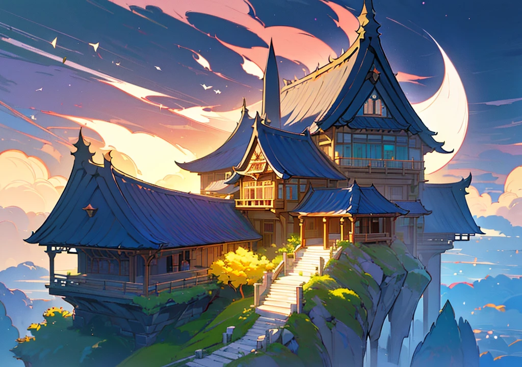 ((((high resolution, Good image quality、Detailed Pixels、Hypixel、Sharp lines, High quality)))),(((Floating House, The house is floating,Western style,Cafe, Western style建築, Stylishな家))), (Stylish, Fantasy, Night view、beautiful月、full moon、beautiful空, cumulonimbus), nature, beautiful, beautiful, beautiful空, (Landscape painting, Anime Style, Anime Style景, background), 