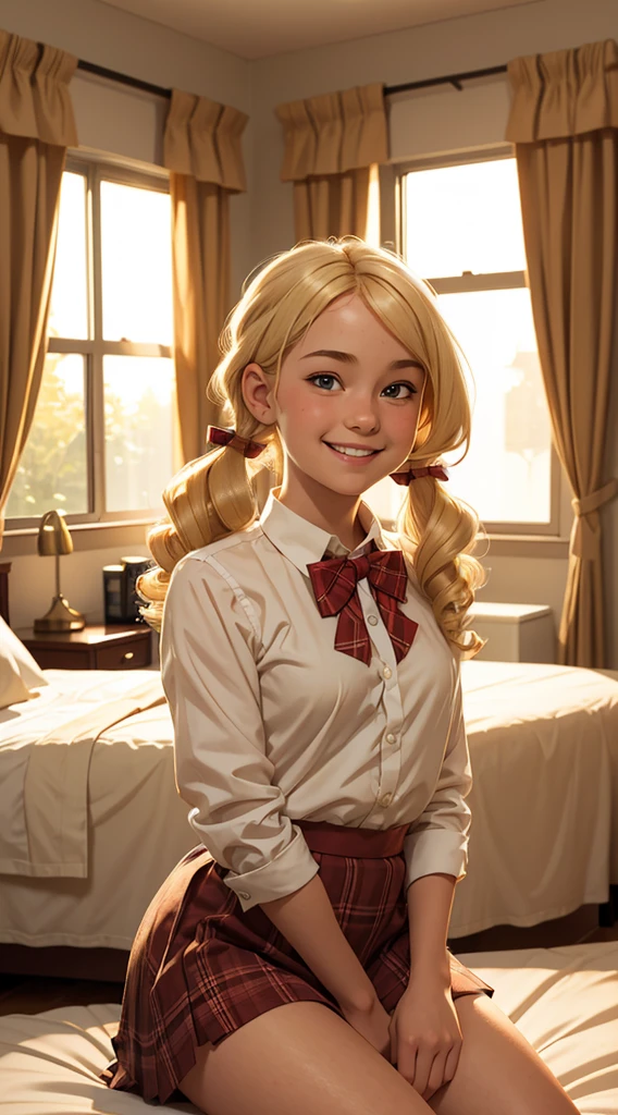 (masterpiece, best quality),1girl smiling with Blonde curly hair twin tails sitting in a bed of her bedroom in front of her bedroom, warm lighting, blurry foreground, plaid short skirt, a white blouse with a loose bow tie, 12 yo, very small breasts, very young, flat chest