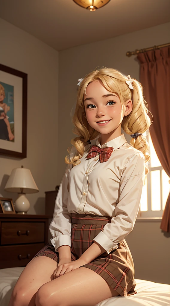 (masterpiece, best quality),1girl smiling with Blonde curly hair twin tails sitting in a bed of her bedroom in front of her bedroom, warm lighting, blurry foreground, plaid short skirt, a white blouse with a loose bow tie, 12 yo, very small breasts, very young, flat chest