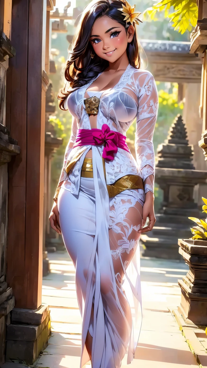 a balinese girl, sexy body, ((big breasts)), big hips, thick thighs, beautiful face, beautiful eyes, smiling, blushing, standing, ((white kebaya bali, kebaya outfit, balinese kebaya, balinese kamen, balinese)), perfect hands, perfect fingers, high quality picture, high resolution, very detailed, 8k resolution, anime style