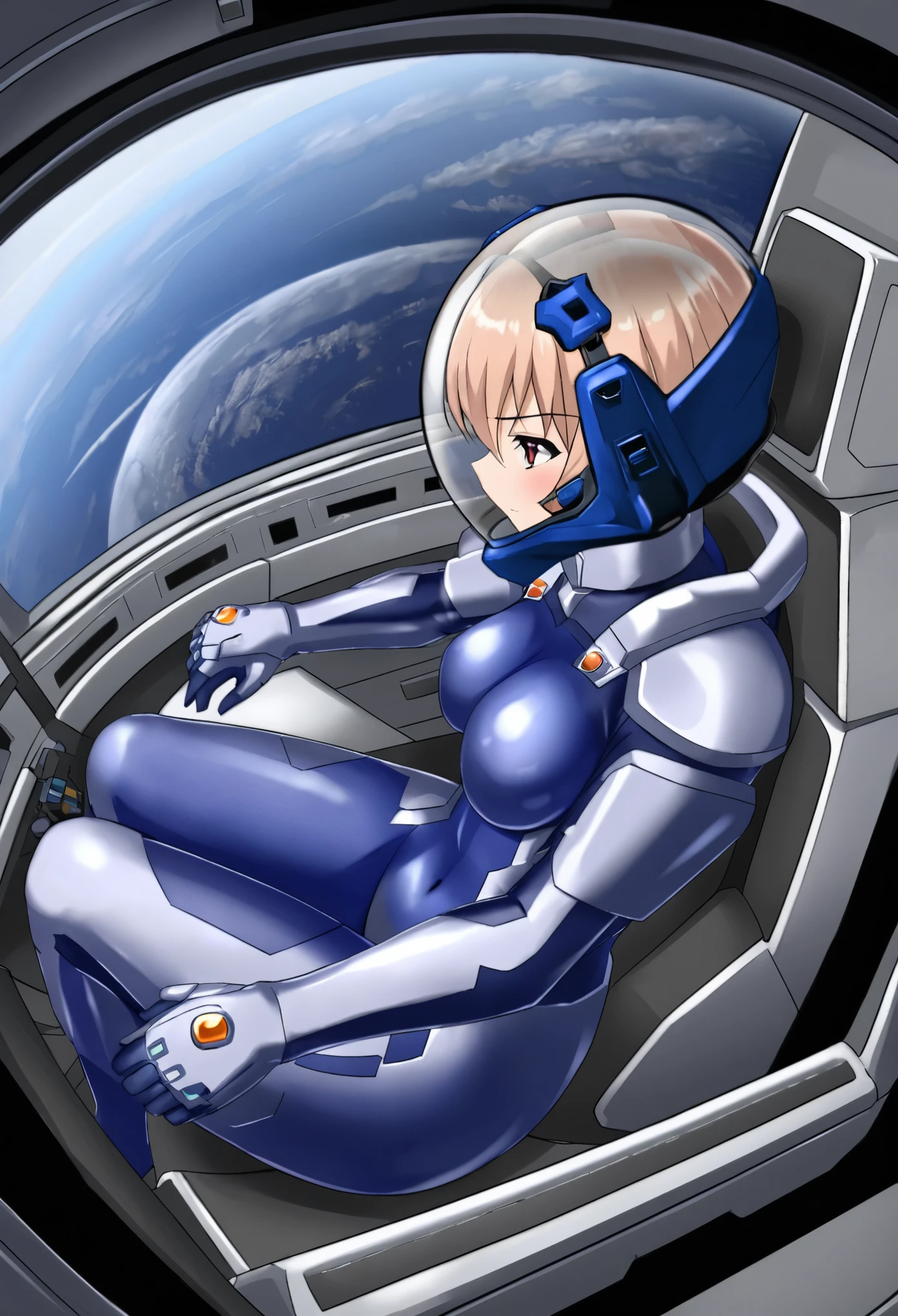 ((Female pilot in the cockpit of a reconnaissance plane), (airplane cockpit), (in flight), (10000 feet altitude)、(sky view):1.7),, short hair, street, emo, BLACK hair, white eyes, eyeliner, apocalypse, girl, nside the (cockpit:1.9) of a (futuristic spaceship:1.6), , blush,sitting on a chair, covered navel, space helmet, muvluv, space helm, plug suit , space helmet, eva helm, space suit, short hair, from side, blue bodysuit, full body