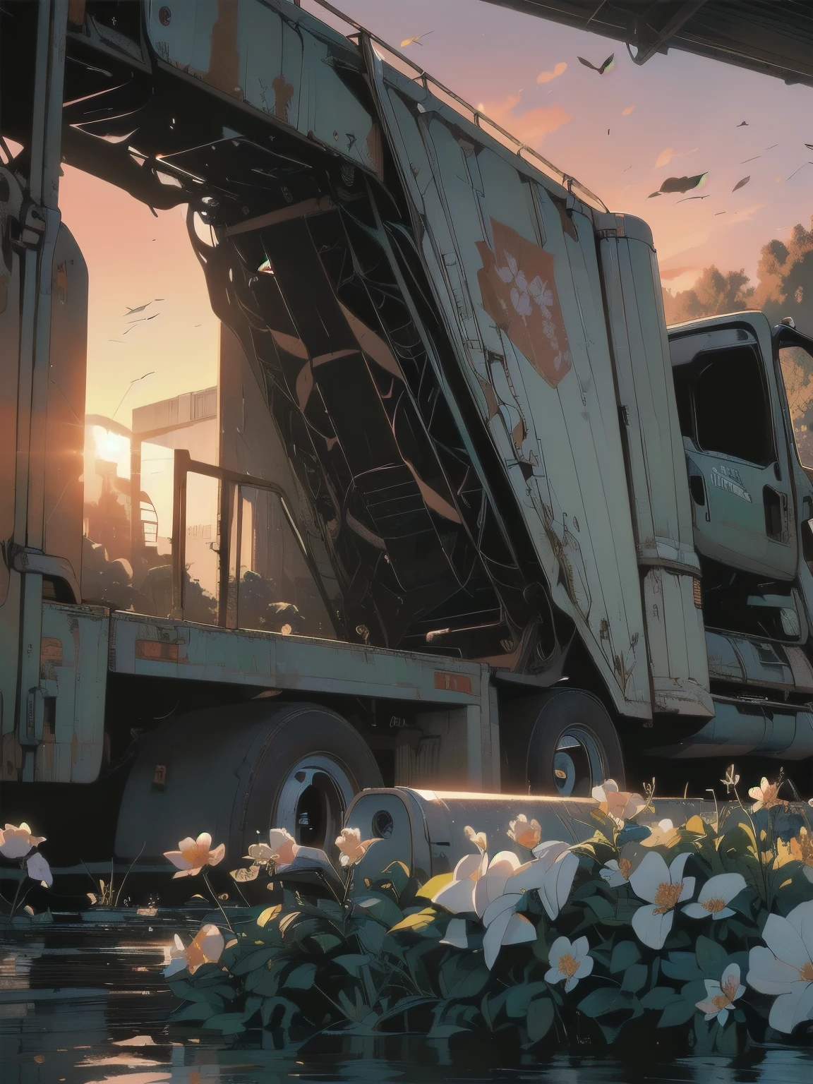 (((masterpiece, top quality))), (((32K wallpaper))), , ultra high resolution, extremely detailed machinery, abandoned factory, stairs, (((white flower field))), (((rusty extremely detailed white heavy truck))), gorgeous light leak, (((backlight))), extremely detailed background, top quality, (((no humans))), collapsed heavy machinery, complicated heavy machinery, pale lighting, (((very dull color )))), (((rusty heavy truck extremely detailed)))), (((many white flowers scattering))), (((flowers blooming from rusty heavy truck))), (((many butterflies))), (((abandoned garage))), (((submerged))), (((waterfall falling from ceiling )))), (((large truck waterfall )))), (((( bright red sunset))), (((detailed waterfall and water))), (((close up of large truck))