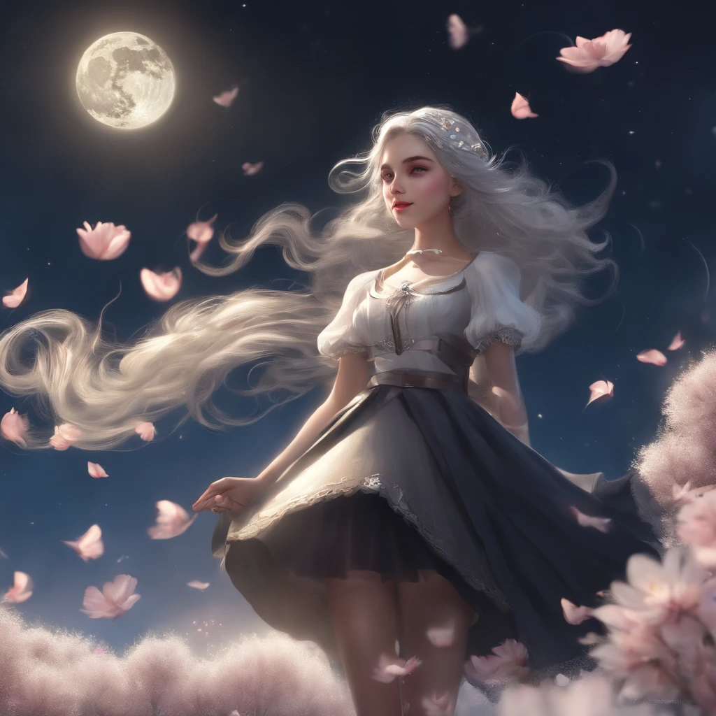 work of art, best qualityer,, 1 girl, (colorfully),(beautiful finely detailed eyes and detailed face),cinematic Lumiereing,shot not bust,Extremely detailed CG 8k unity wallpaper,White hair,standing alone,ssmile,intricate skirt,((flying petal)),(Flowery meadow), sky, Clouded_sky, building, moonlighLumiere, moonligh, natta, (dark theme:1.3), Lumiere, fancy,