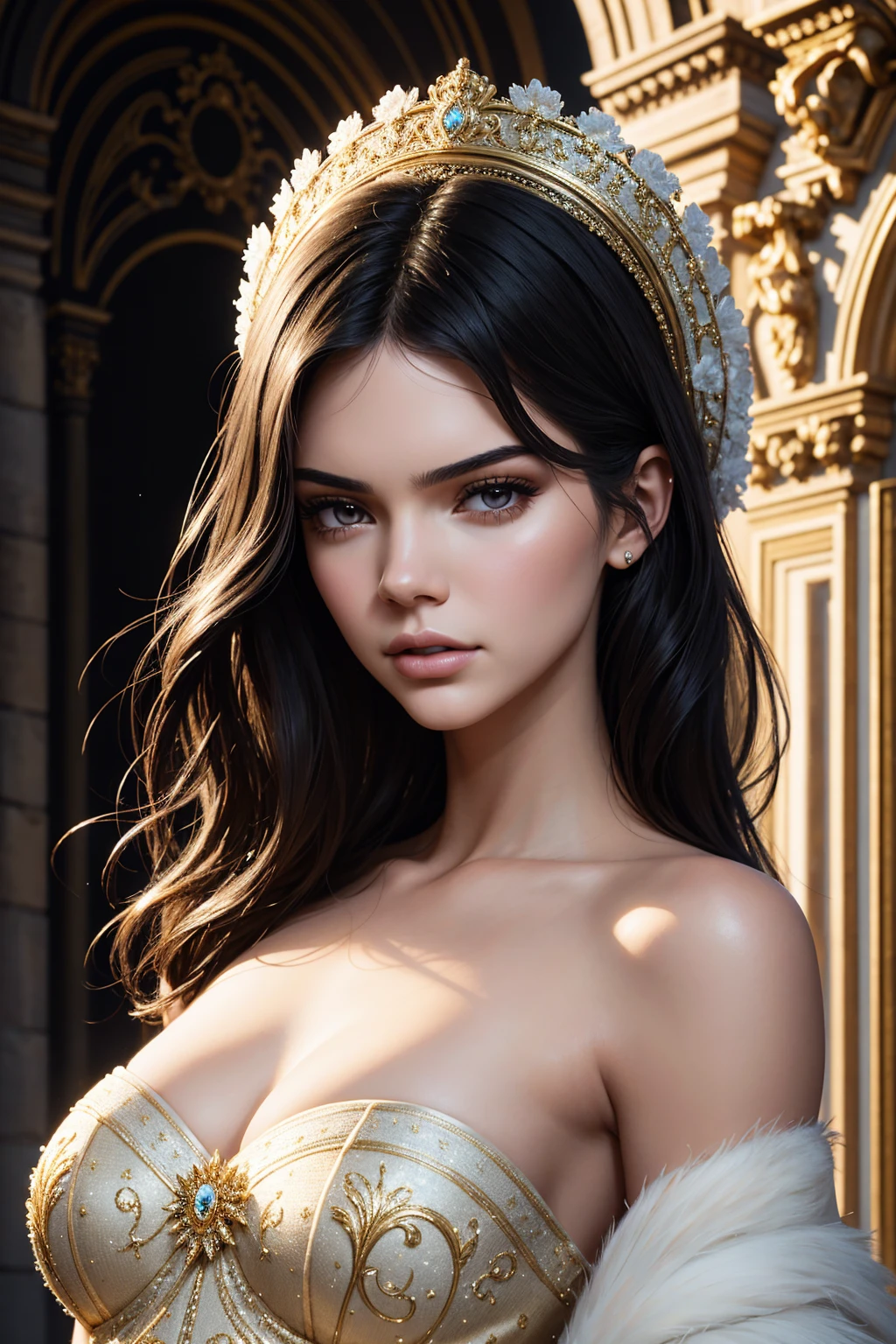 portrait Kendall Jenner, wearing french ball costume, against the background of the Arc de Triomphe in Paris, character portrait, 3 9 9 0 s, wavy hair, intricate, elegant, highly detailed, digital painting, artstation, concept art, smooth, sharp focus, illustration, art by wlop, charlie bowater and alexandra fomina, 36k, glittering, shining