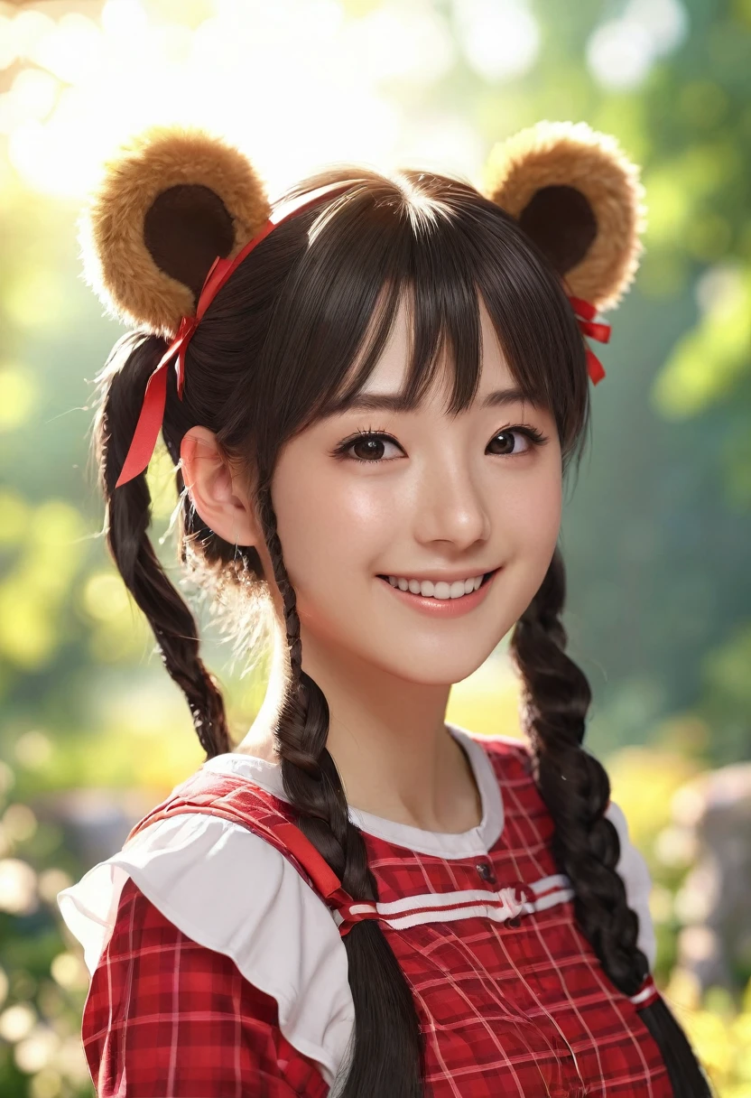 1girl, Best Quality, Twintails, Bear Ears, Smile, From Side, Hair Ribbon, Backlighting, 3D Rendering,