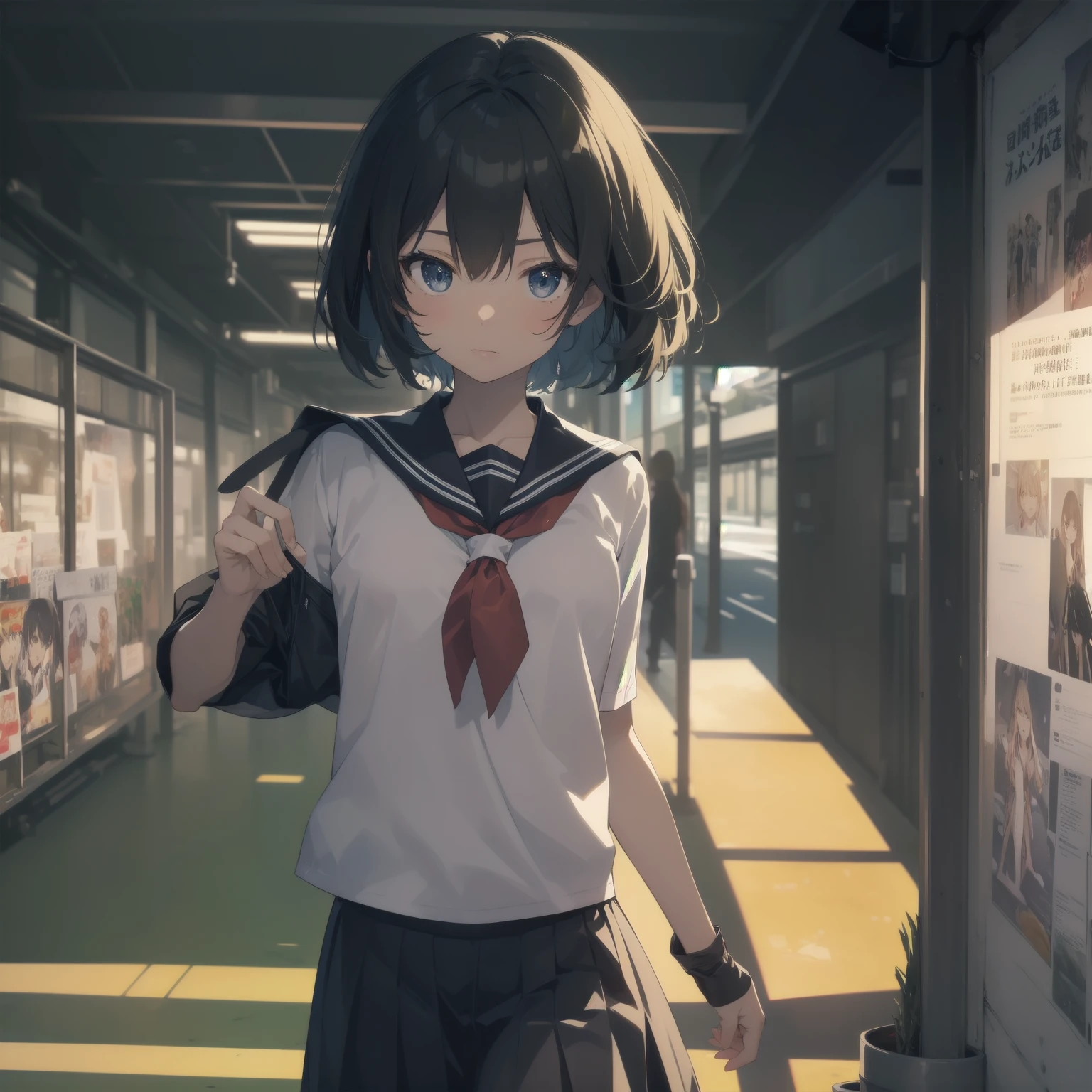 ultra-absurdres-Top quality by artist God, ultra-detailed, high resolution, anime moe artstyle, best anime 8k konachan wallpaper, pixiv contest winner, pool:2810, perfect anatomy,break, 1girl, (Please draw a girl walking sleepily to school alone. )break,(Solo,little female, 13-year-old:1.3),Full limbs, complete fingers,a junior high school student, (very short hair), short cut, flat chest, , small butt, small black eyes, beautiful detailed eyes, well-proportioned iris and pupils, expressive eyes, highres detailed hair, soft expression, salor school_uniform, sailor collar, serahuku, bow, pleated skirt,(Detailed Lighting), (Detailed background), in the School commute route. break,super detailed skin, Best cinematic lighting powered by famous artist, 8k,beauty illustration,photoshop_(medium),very aesthetic,break,((artist:fujima_takuya )), artist:clamp ,artist:carnelian ,artist:kantoku ,