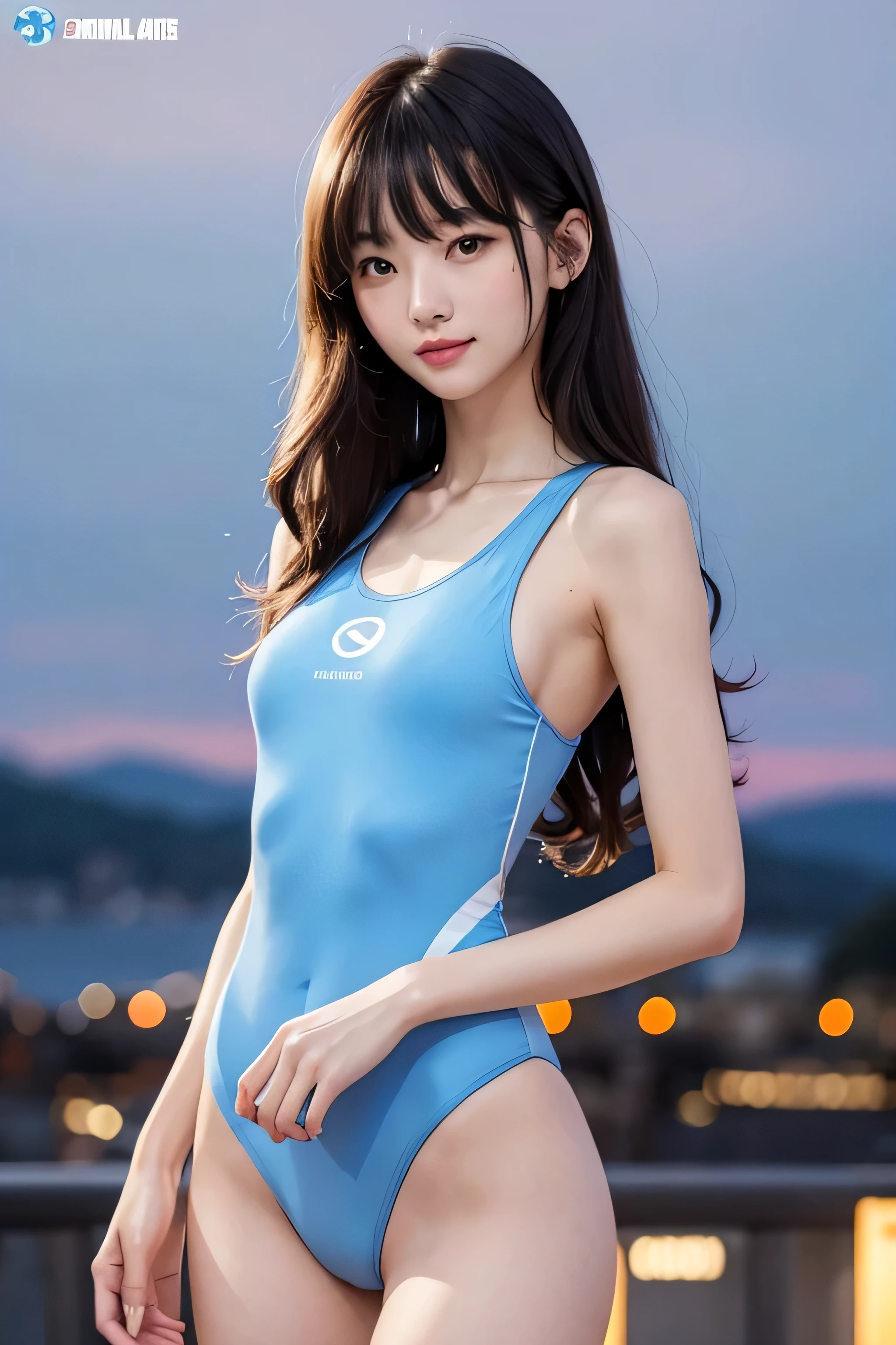 Super skinny woman、Asian woman、cute、((height: 165cm、Weight 48Kg)Slender models)、smile、functional、17 year old female、thin、dignity、a healthy woman、(Light blue one piece school swimsuit(Logo mark on chest))、Hanging cord、Long curly hair blowing in the wind、bangs、The body is slim、Small breasts、Sexy pose、Thighs、Genuine、high quality 8k、perfection、Highest quality、Night view