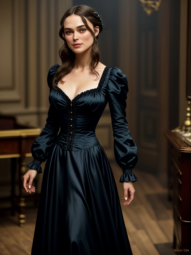 Foto hiperrealista en primer plano de keira knightley, Create dystopian masterpieces, victorian era clothing, rich dress, wearing a Victorian-era satin dress with long-sleeves and high closed, black dress, victorian saloon beautiful woman, skinny, medium breasts, black long hair, detailed face, smile, facing the camera, photo taken from a distance, age of 25 years old,big breasts,long eyelashes 