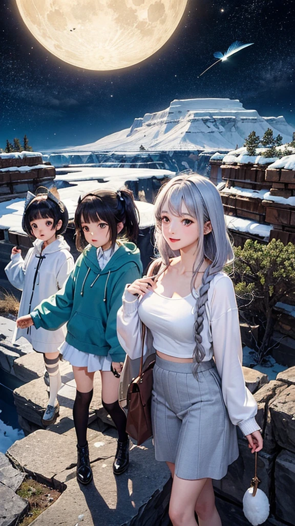 ((Highest quality)), 3 sisters,Plateau at night,fluffy,skirt,dress,cardigan,Two Piece,Silver-gray hair,Indigo tips,Emerald Eyes,Earth Colors,anime,comics,smile,fine,Vibrant,Glass Feather,Iridescent feathers,Two Moons,mysterious,Soft Moonlight,Fairy,Ultra HD,Grand Canyon