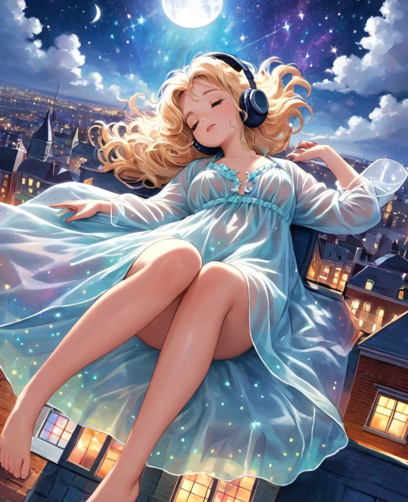 A Gil Elvgren pin-up style painting of a beautiful blonde woman with big messy hair,  floating on a cloud gracefully laying on the cloud, wearing headphones, wearing little transparent nightgown, with moon light, twinkling stars and colorful stardust, vibrant and colorful, full body shot, looking down at a small city at night, cityscape 