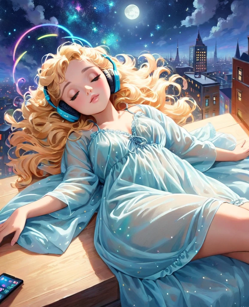 A Gil Elvgren pin-up style painting of a beautiful blonde woman with big messy hair,  floating on a cloud gracefully laying on the cloud, wearing headphones, wearing little transparent nightgown, with moon light, twinkling stars and colorful stardust, vibrant and colorful, full body shot, looking down at a small city at night, cityscape 