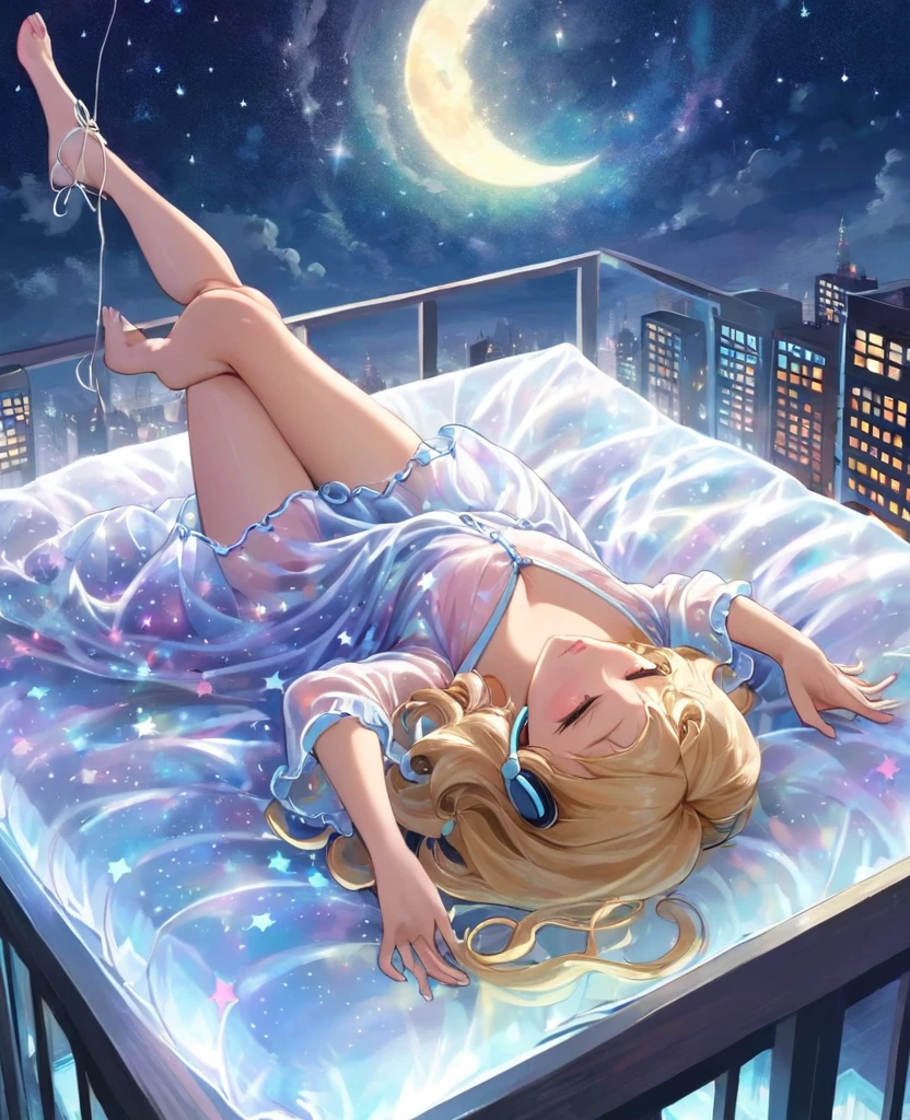 A Gil Elvgren pin-up style painting of a beautiful blonde woman with big messy hair,  floating on a cloud gracefully laying on the cloud, wearing headphones, wearing little transparent nightgown, with moon light, twinkling stars and colorful stardust, vibrant and colorful, full body shot, looking down at a small city at night, cityscape 