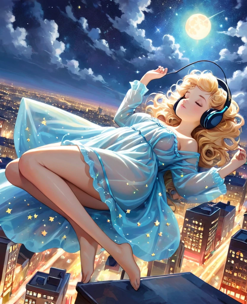A Gil Elvgren pin-up style painting of a beautiful blonde woman with big messy hair, floating on a cloud gracefully laying on the cloud, wearing headphones, wearing little transparent nightgown, with moon light, twinkling stars and colorful stardust, vibrant and colorful, full body shot, looking down at a small city at night, cityscape