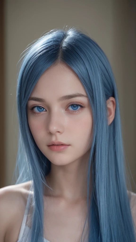 a girl. european. extremely detailed face. oval face. delicate features. half closed eyes. long straight hair. blue eyes. blue hair. sad. shy. front