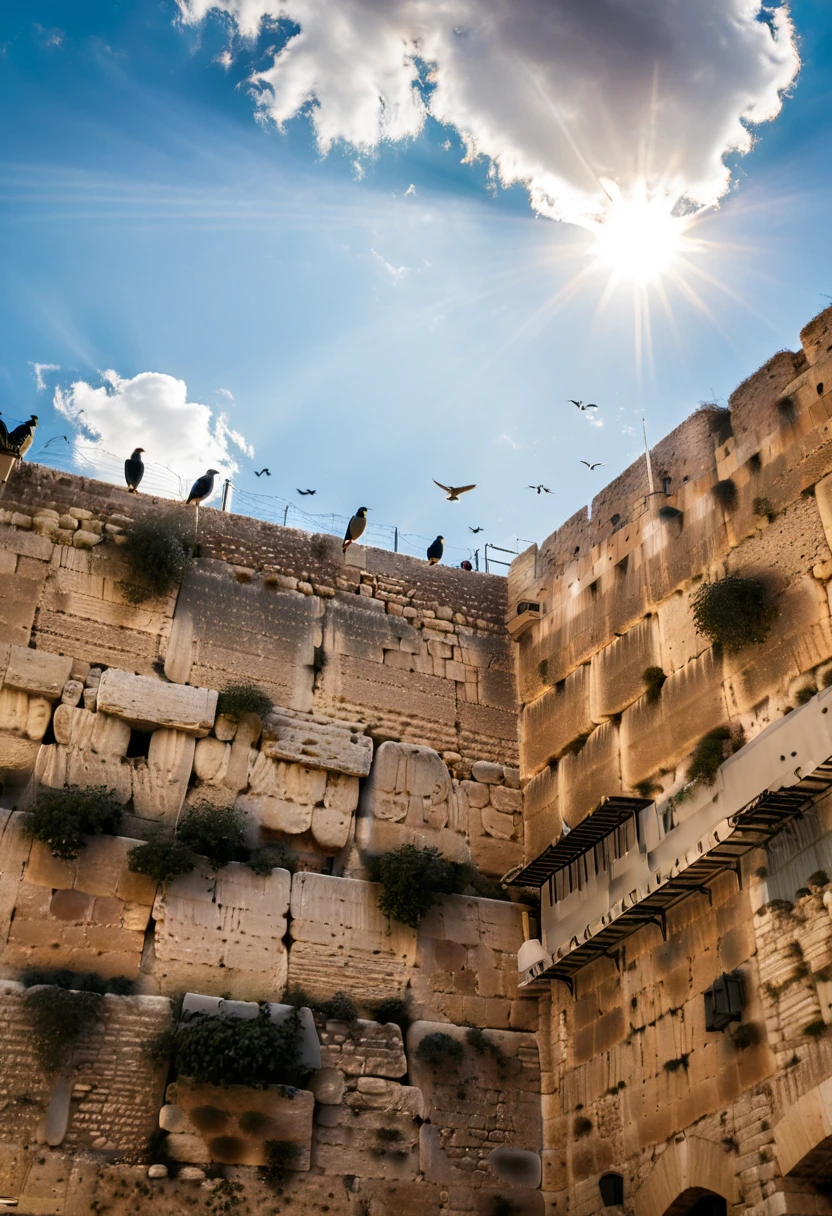 a ((low angle shot: 1.5)), from below of the Wailing Wall at Jerusalem, , you can see the Wall from below, it is evening time, there are sun rays, an some clouds some birds in the sky,  vibrant, Ultra-high resolution, High Contrast, (masterpiece:1.5), highest quality, Best aesthetics), best details, best quality, highres, 16k, (ultra detailed: 1.5), masterpiece, best quality, (extremely detailed) RAW, (ultra details, Masterpiece, best quality),