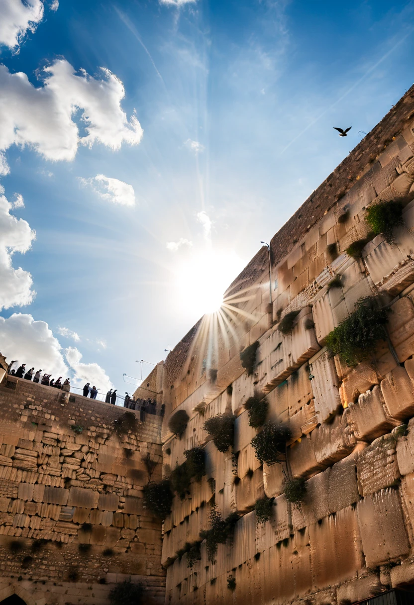 a ((low angle shot: 1.5)), from below of the Wailing Wall at Jerusalem, , you can see the Wall from below, it is evening time, there are sun rays, an some clouds some birds in the sky, vibrant, Ultra-high resolution, High Contrast, (masterpiece:1.5), highest quality, Best aesthetics), best details, best quality, highres, 16k, (ultra detailed: 1.5), masterpiece, best quality, (extremely detailed) RAW, (ultra details, Masterpiece, best quality),