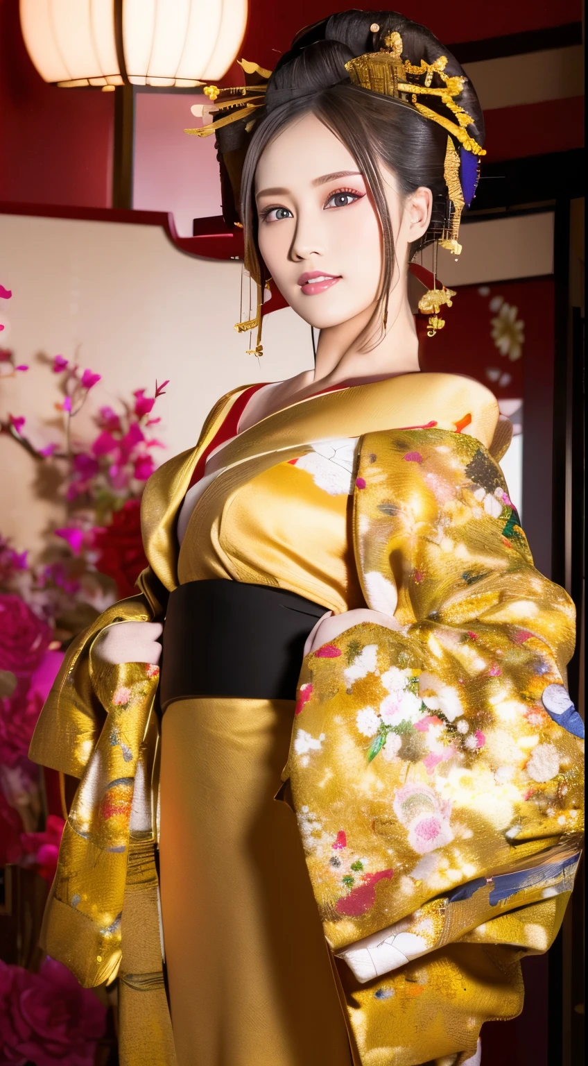 ((masterpiece(:1.4)，Highest quality，Ultra-high resolution，Highest quality，8k，Extremely detailed，In detail))。night，Japanese，(A beautiful woman)，glossy，slim，Large Breasts(1.6)，sexy，glamorous，((Golden Ratio Style，Perfect Style))，Narrow waist，Flashy gal makeup，Japanese garden，Oiran，Prostitute，Sunny day outfit，Uchikake，Gold brocade，((A gorgeous kimono))，A cutting board belt tied in front，Hair tying，hairpin，hair ornaments，Gorgeous costumes，Beautiful standing posture，Presence，Exude sex appeal，looking at the camera，Show off your style，