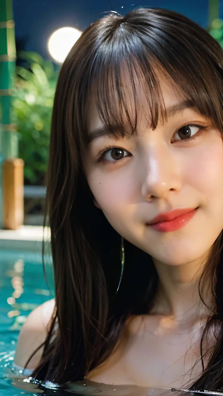 (8k、RAW Photos、Highest quality、masterpiece:1.2)、((night、moonlight:1.5))、((naked、Flat Chest、Make your face bigger:1.3))、(Realistic、Realistic)、1 girl、(cute、smile、bangs、hot spring、relaxing after a hot bath、bamboo forest))