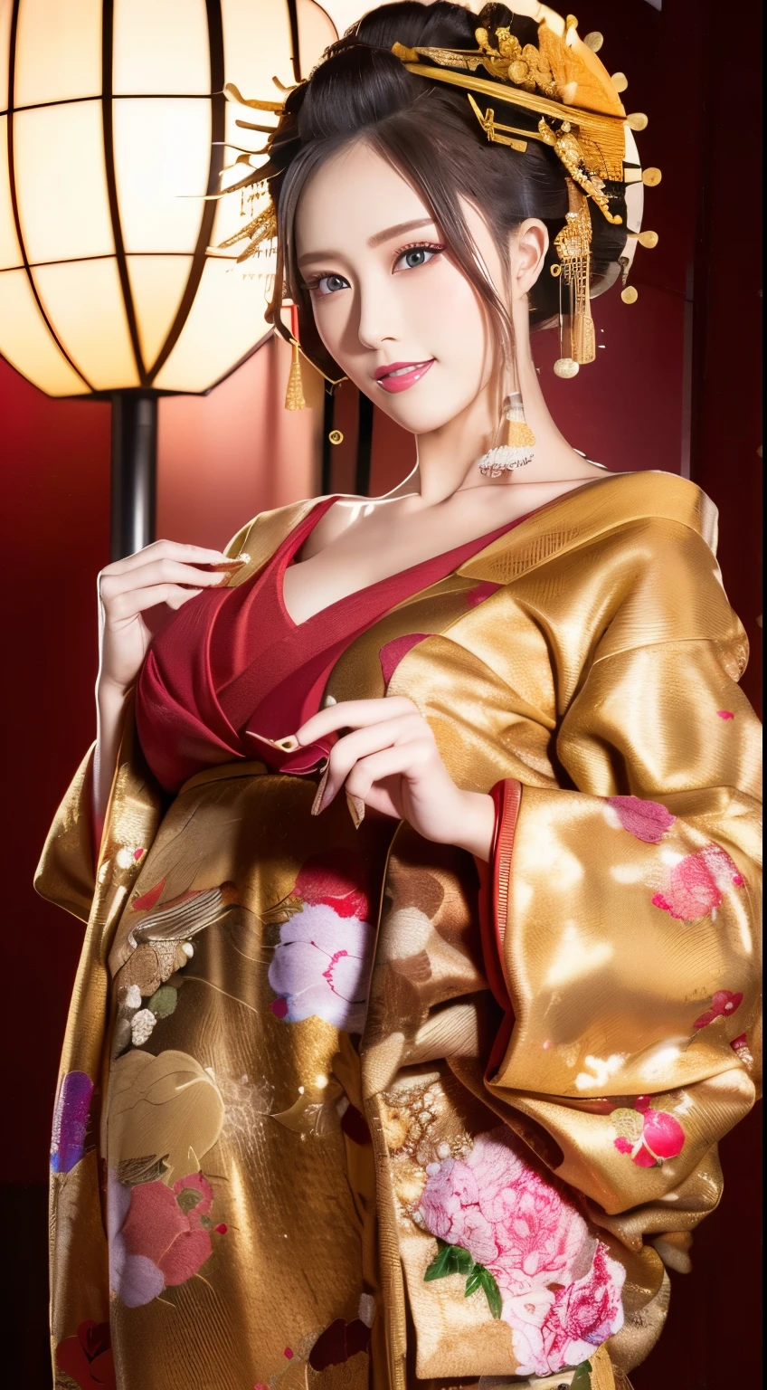 ((masterpiece(:1.4)，Highest quality，Ultra-high resolution，Highest quality，8k，Extremely detailed，In detail))。night，Japanese，(A beautiful woman)，glossy，slim，Large Breasts(1.6)，sexy，glamorous，((Golden Ratio Style，Perfect Style))，Narrow waist，Flashy gal makeup，Japanese garden，Oiran，Prostitute，Sunny day outfit，Uchikake，Gold brocade，((A gorgeous kimono))，A cutting board belt tied in front，Hair tying，hairpin，hair ornaments，Gorgeous costumes，Beautiful standing posture，Presence，Exude sex appeal，looking at the camera，Show off your style，