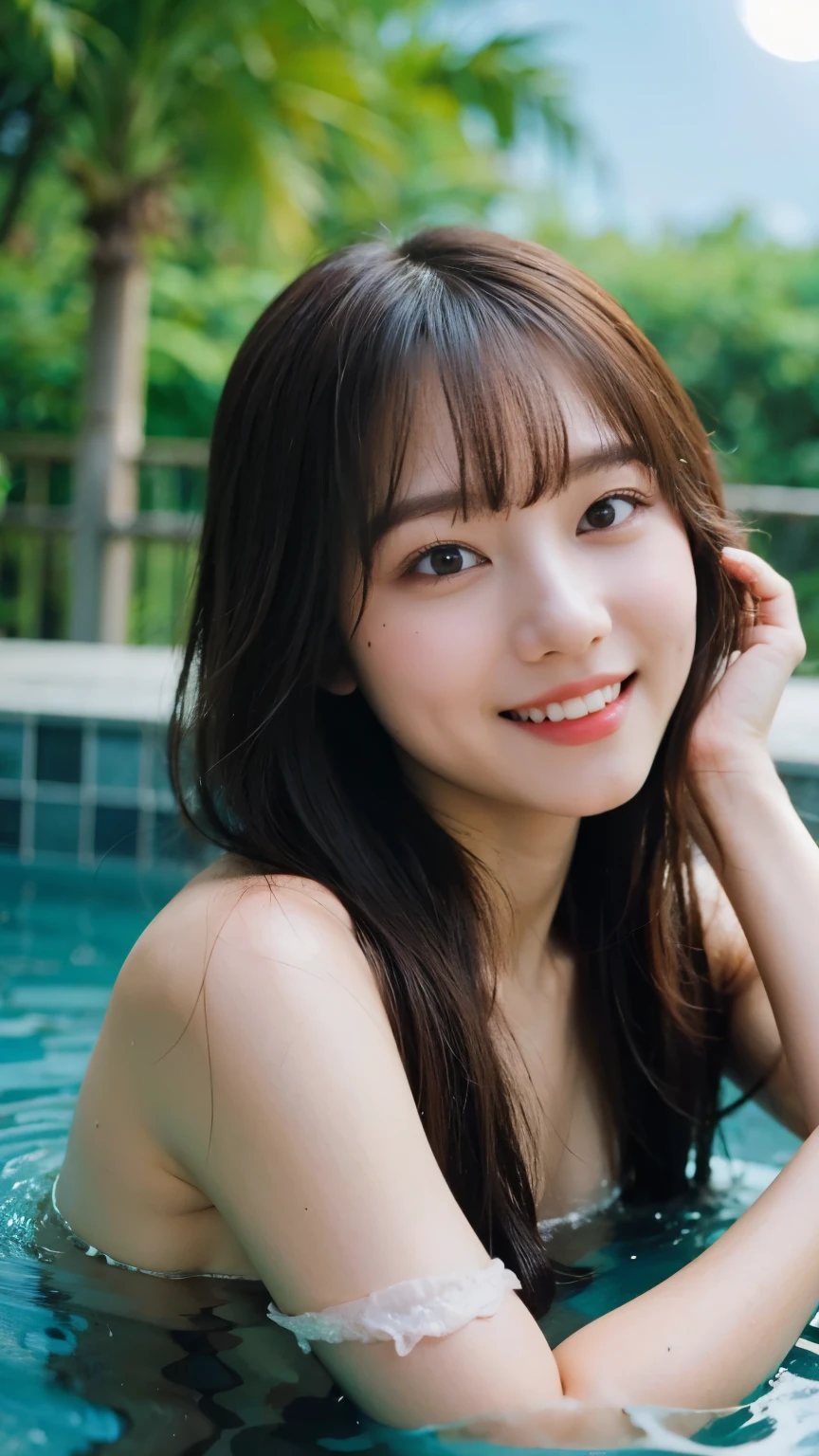 (8k、RAW Photos、Highest quality、masterpiece:1.2)、((night、moonlight:1.5))、((naked、Flat Chest、Make your face bigger:1.3))、(Realistic、Realistic)、1 girl、(cute、smile、bangs、hot spring、relaxing after a hot bath、bamboo forest))