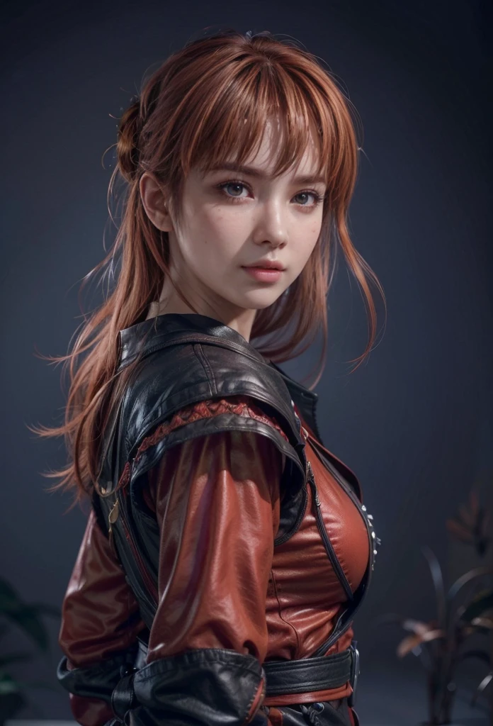 Kasumi, brown eyes, Red Hair, (best quality, ultra detail), (realistic:1.37), beautiful and detailed face, ultra-realistic texture, Delicate face, delicate body, red lipstick, bright colors. high definition, 8K. angry expression and penetrating, expressive gaze.